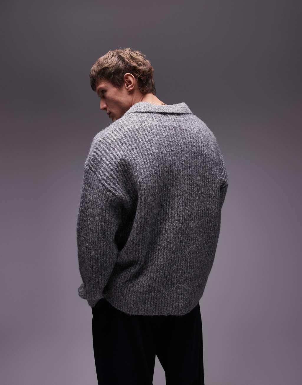 Topman relaxed open collar sweater in heather gray Product Image
