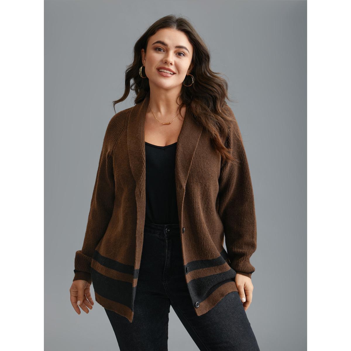 Plus Size Collared Button Front Striped Hem Knit Cardigan DarkBrown Women Casual Loose Long Sleeve Everyday Cardigans BloomChic 18-20/2X Product Image
