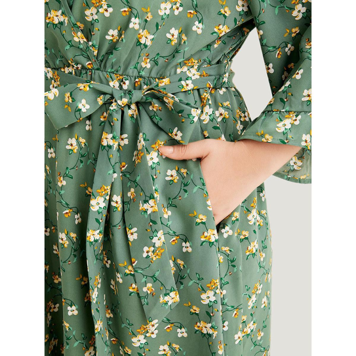 Plus Size Floral Print Surplice Neck Flutter Trim Dress Green Women Elegant Printed V-neck Elbow-length sleeve Curvy Midi Dress BloomChic 14-16/1X Product Image