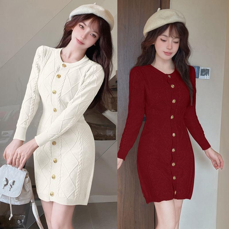 Long-Sleeve V-Neck Button-Up Plain Knit Mini Dress Product Image