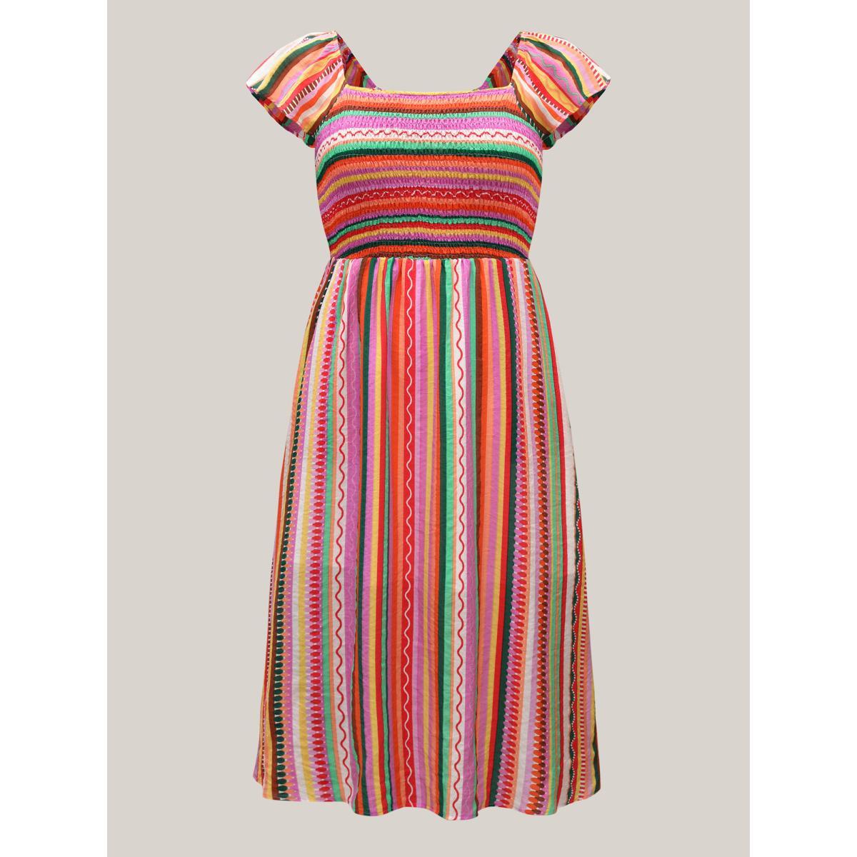 Plus Size Colorful Stripe Flutter Sleeve Pockets Midi Dress Multicolor Women Square Neck Cap Sleeve Curvy BloomChic 12/L Product Image