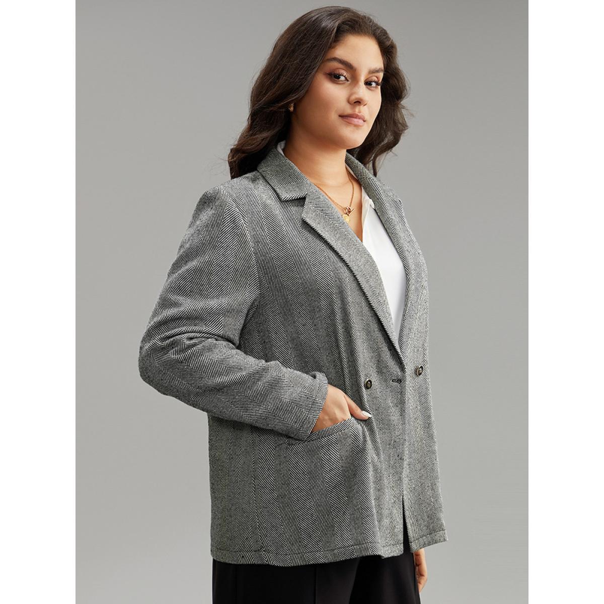 Plus Size Geo Striped Patched Pocket Button Down Blazer Gray Women Work Geometric Texture Sleeve Long Sleeve Suit Collar 14-16/1X Pocket Office Blazers BloomChic Product Image