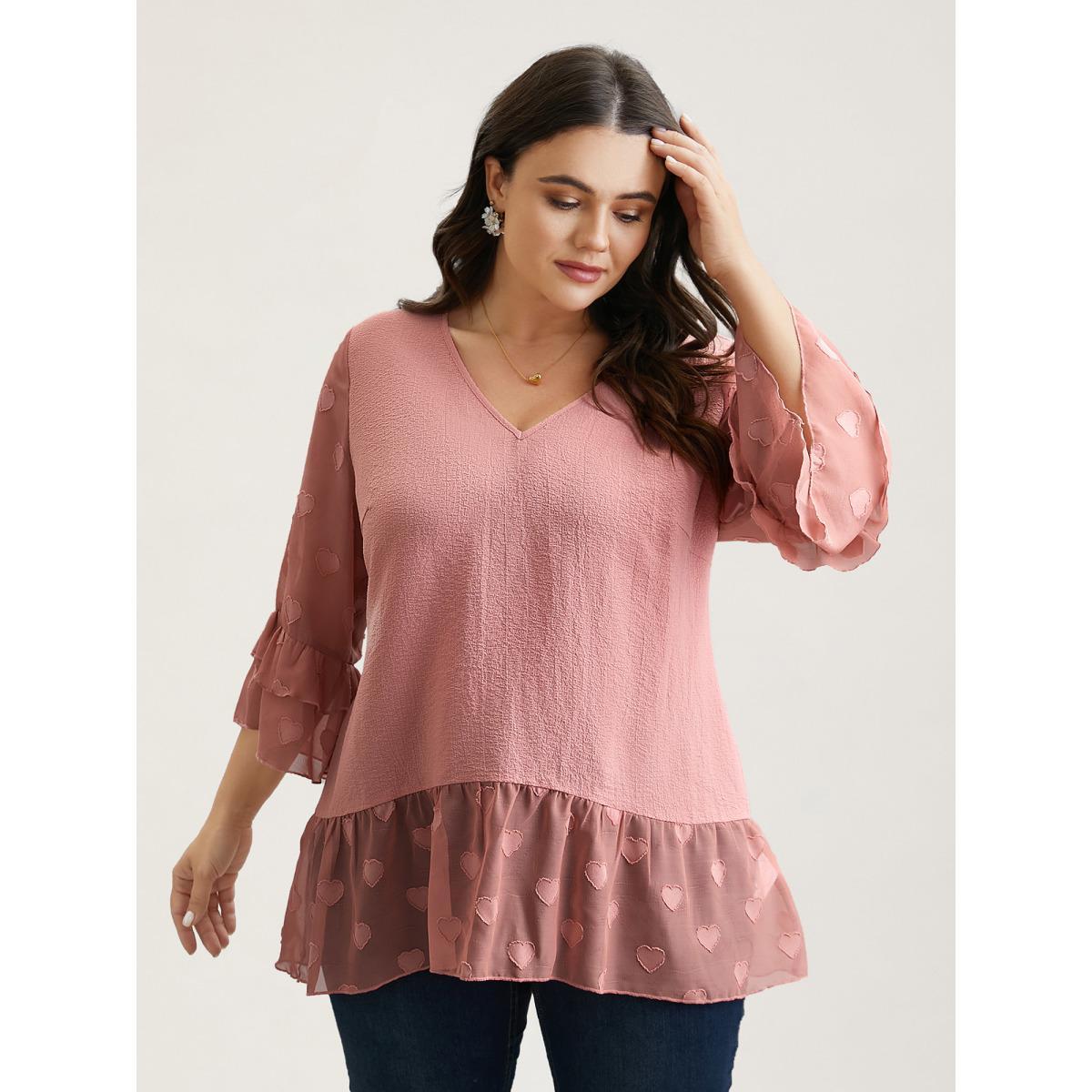 Plus Size Rouge Love Textured Patchwork Sheer Tiered Ruffles Blouse Women Elegant Elbow-length sleeve V-neck Everyday Blouses BloomChic 12/L Product Image