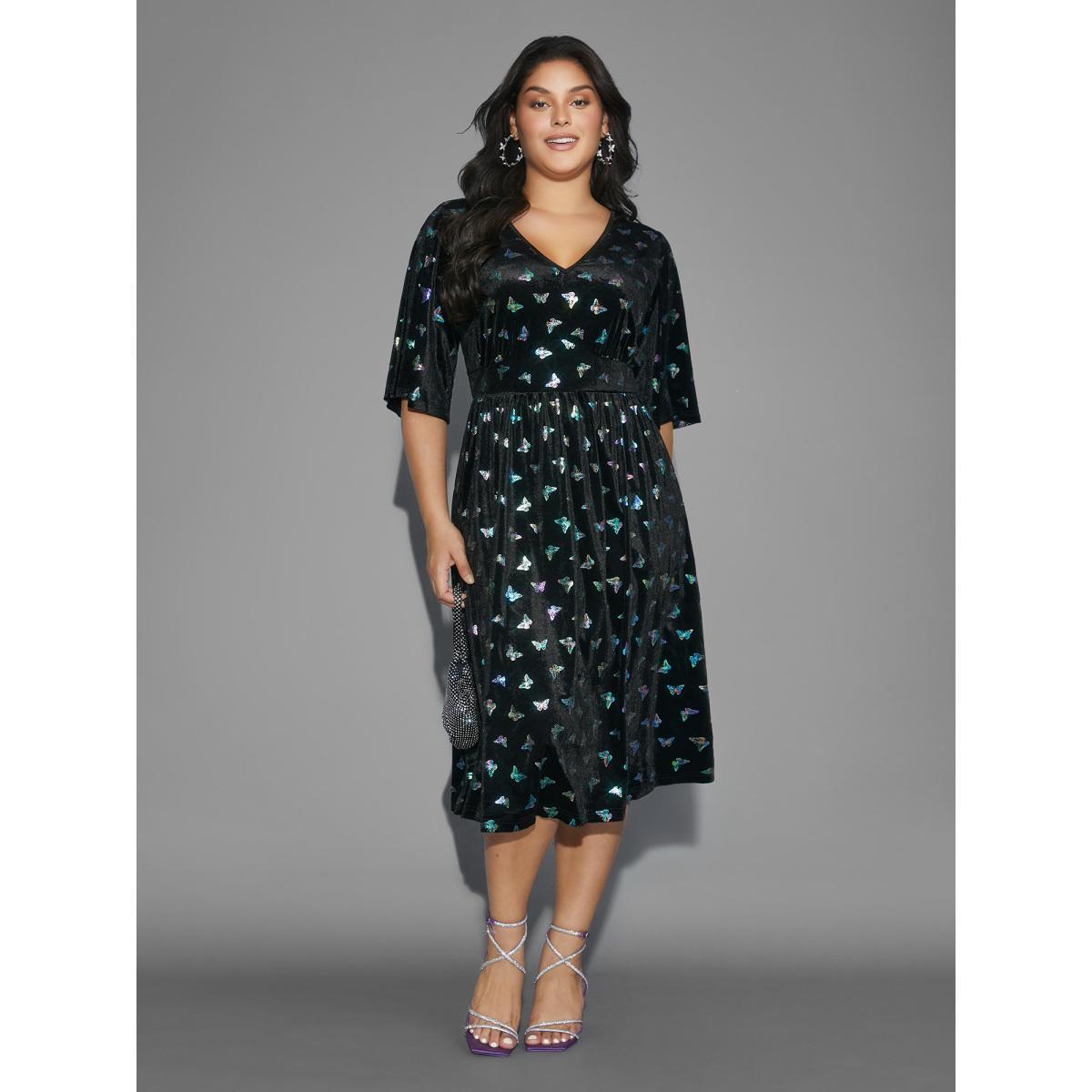 Plus Size Butterfly Glitter Flutter Sleeve Midi Dress BlackFlower Women Cocktail Texture Party Curvy Bloomchic 18-20/2X Product Image