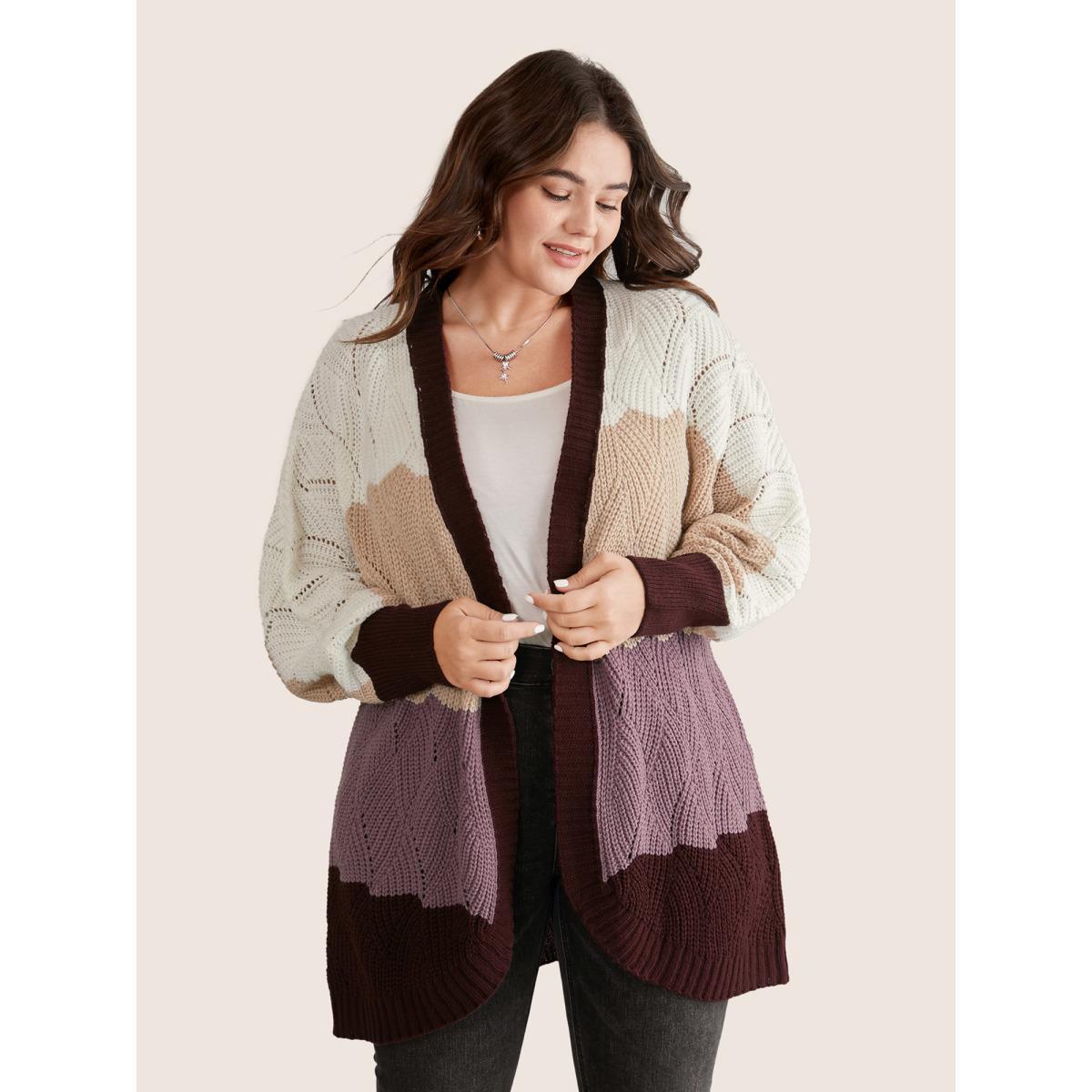 Plus Size Colorblock Contrast Texture Dolman Sleeve Cardigan Burgundy Women Casual Long Sleeve Everyday Cardigans BloomChic 22-24/3X Product Image