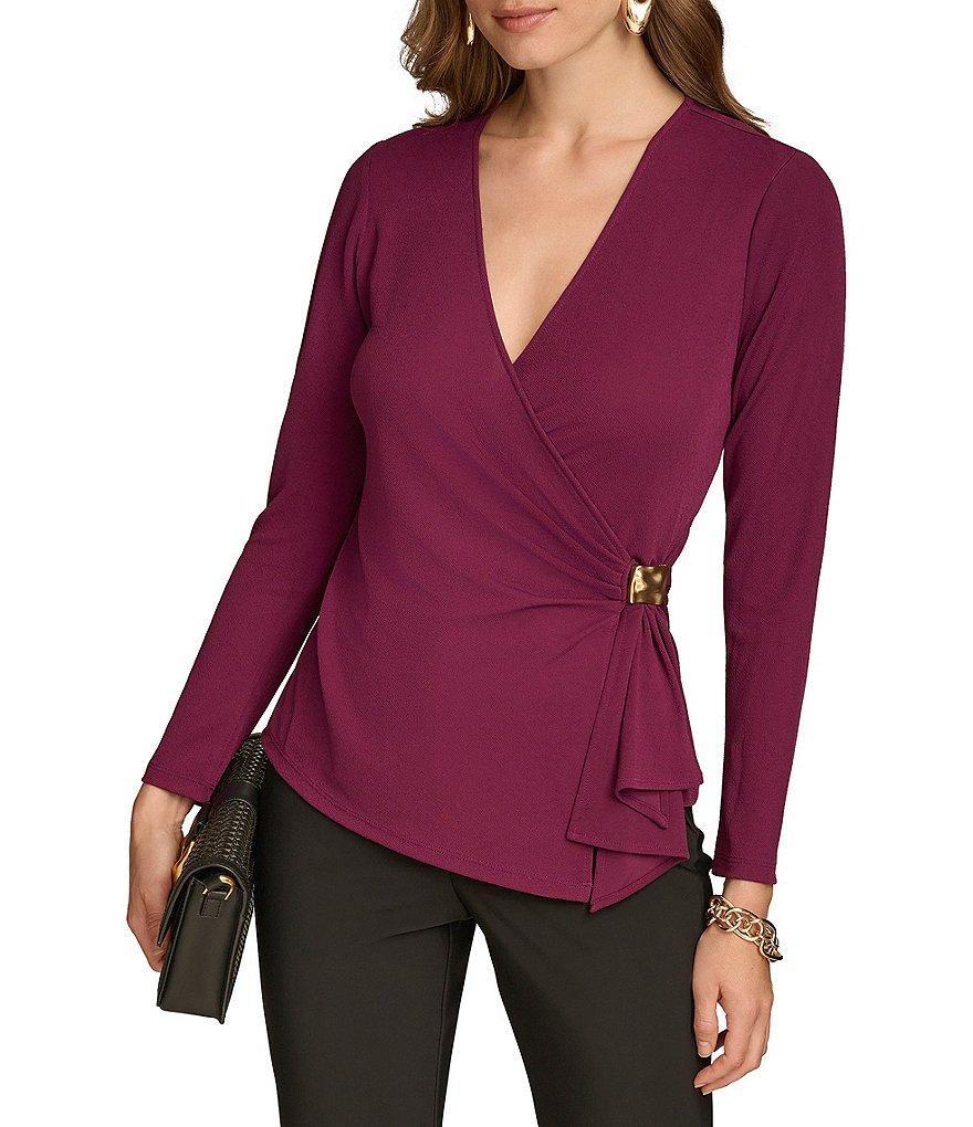 Donna Karan V-Neck Long Sleeve Faux Wrap Hardware Top Product Image