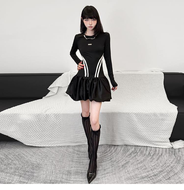 Long-Sleeve Round Neck Two Tone Mini A-Line Dress Product Image