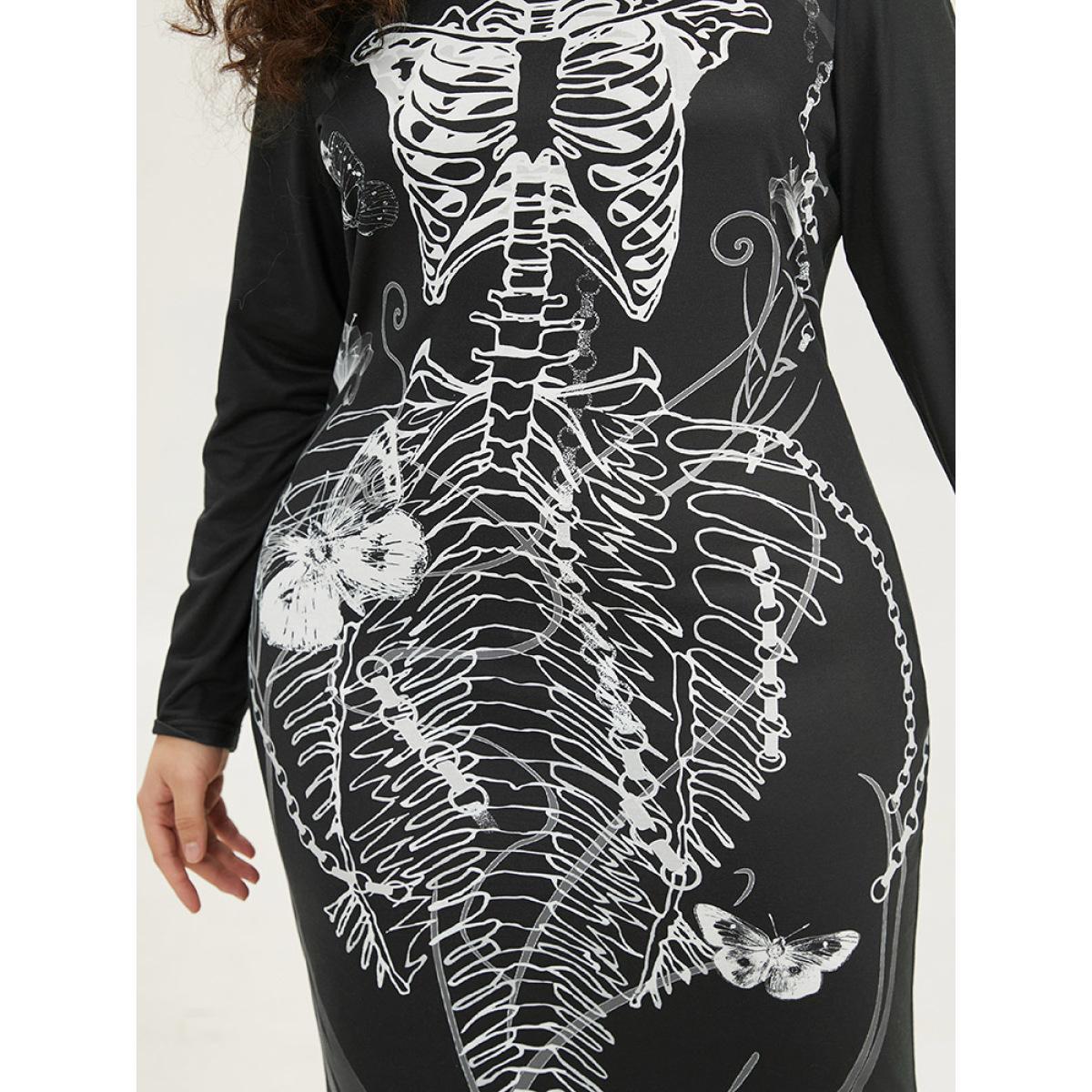 Plus Size Halloween Skull Print Mermaid Hem Dress Black Women Elegant Printed Round Neck Long Sleeve Curvy Long Dress BloomChic 26/4X Product Image