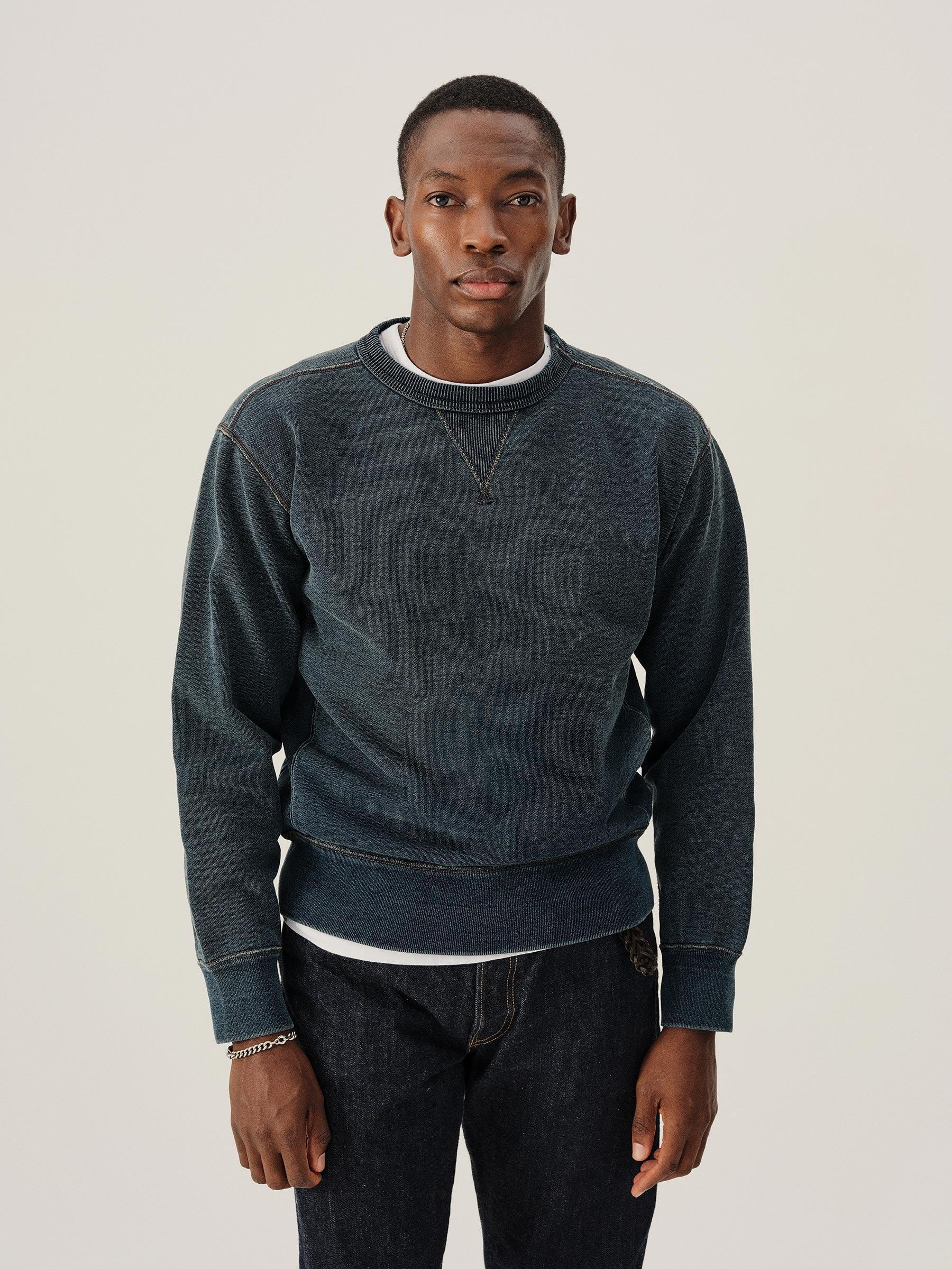 D038 Double Indigo Loopback Double V Crew Sweatshirt Product Image