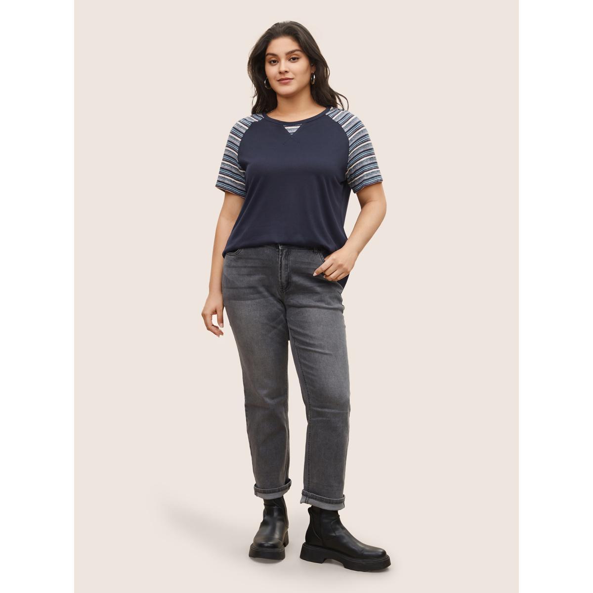 Plus Size Color Striped Patchwork Raglan Sleeve T-shirt Indigo Women Casual Contrast Striped Round Neck Everyday T-shirts BloomChic 28/5X Product Image