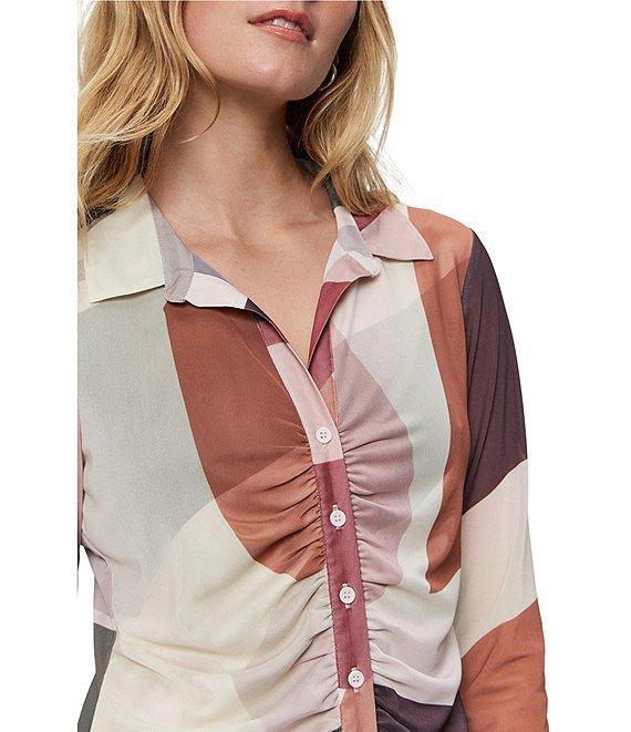 Sanctuary Dreamgirl Print Mesh Point Collar Neck Long Sleeve Ruched Button Front Top Product Image