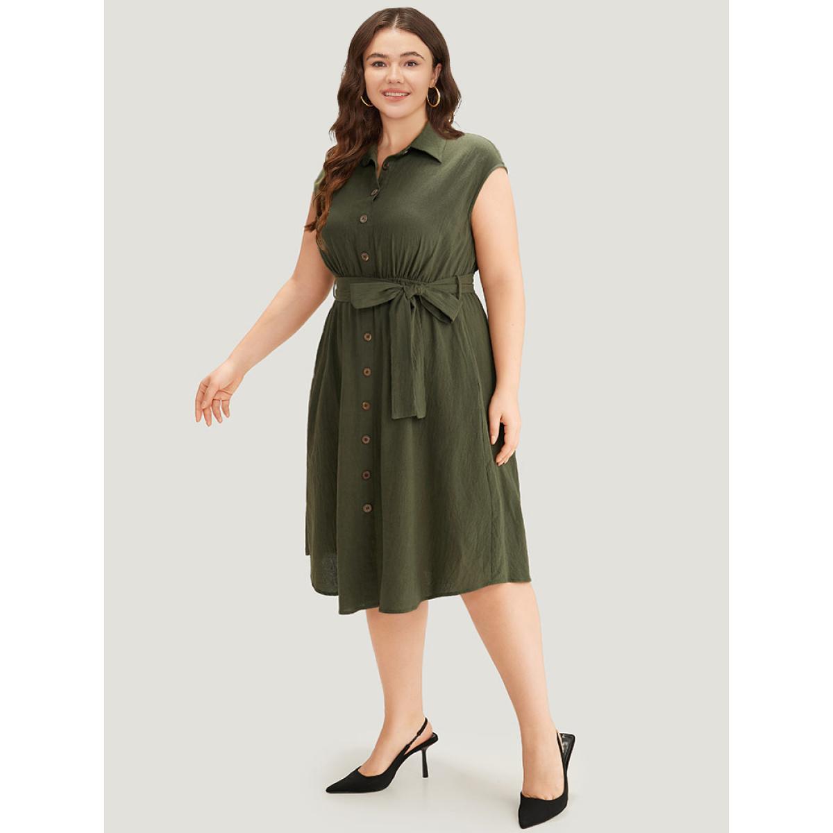 Plus Size Solid Shirt Collar Belted Button Up Tank Dress ArmyGreen Women Office Plain Shirt collar Sleeveless Curvy Knee Dress BloomChic 18-20/2X Product Image