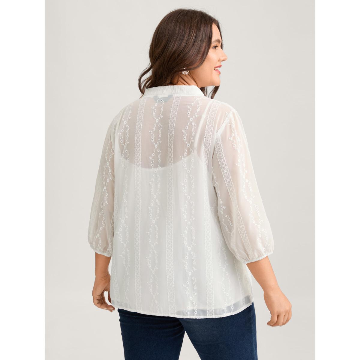 Plus Size Originalwhite Texture Mesh Button Detail Tucked Seam Blouse Women Elegant Elbow-length sleeve V-neck Everyday Blouses BloomChic 12/L Product Image