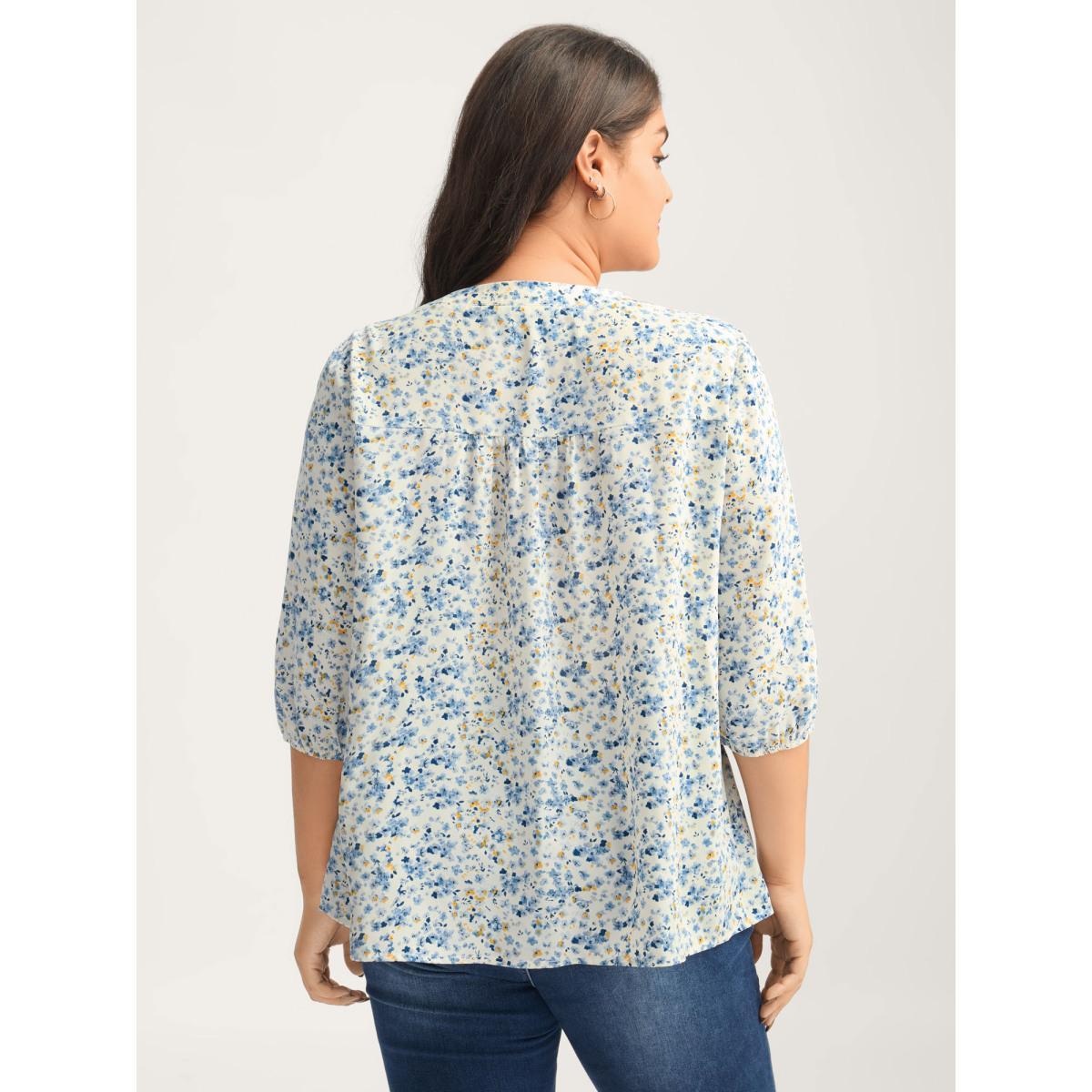 Plus Size Multicolor Floral Print Lace Trim Flowy Blouse Women Elbow-length sleeve Notched collar Everyday-Elegant Blouses BloomChic 10/M Product Image