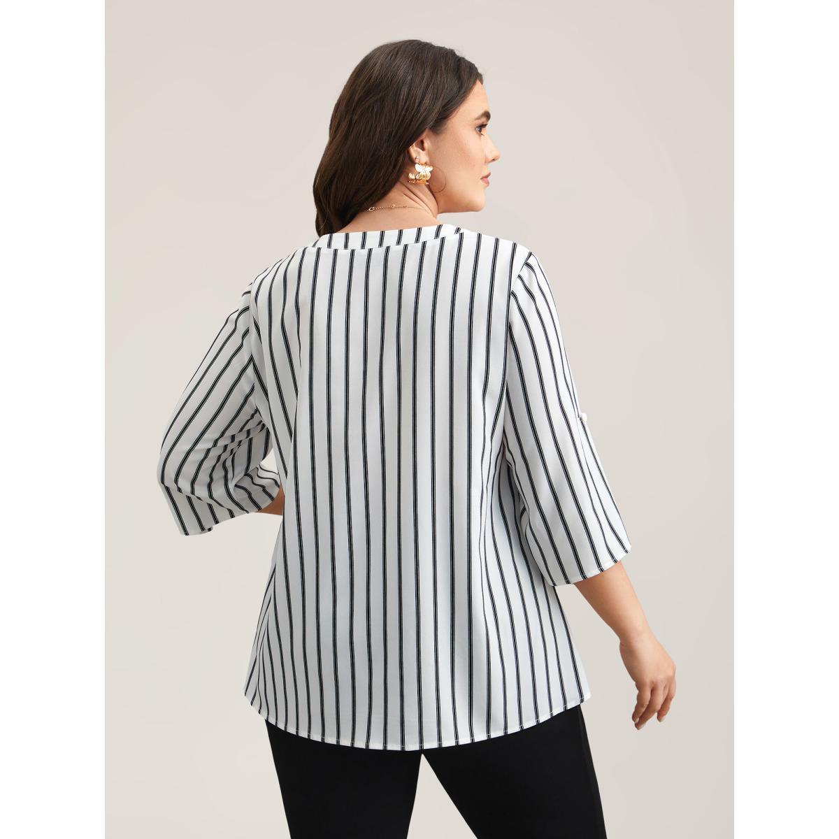 Plus Size WhiteSmoke Notched Collar Striped Tab Sleeve Shirt Women At the Office Elbow-length sleeve Notched collar Work Blouses BloomChic 26/4X Product Image