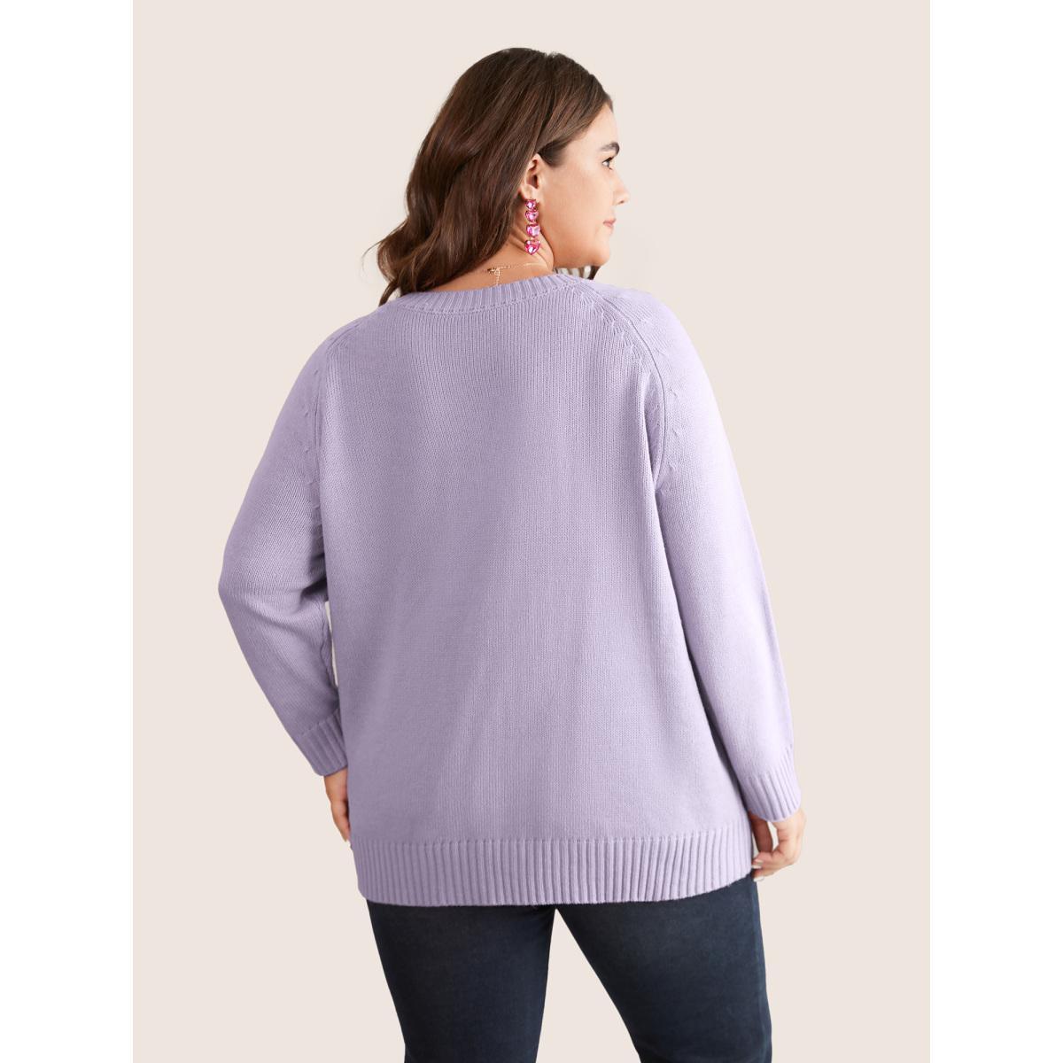 Plus Size Heart Cable Knit Two Tone Raglan Sleeve Pullover Lilac Women Casual Long Sleeve Round Neck Everyday Pullovers BloomChic 28/5X Product Image