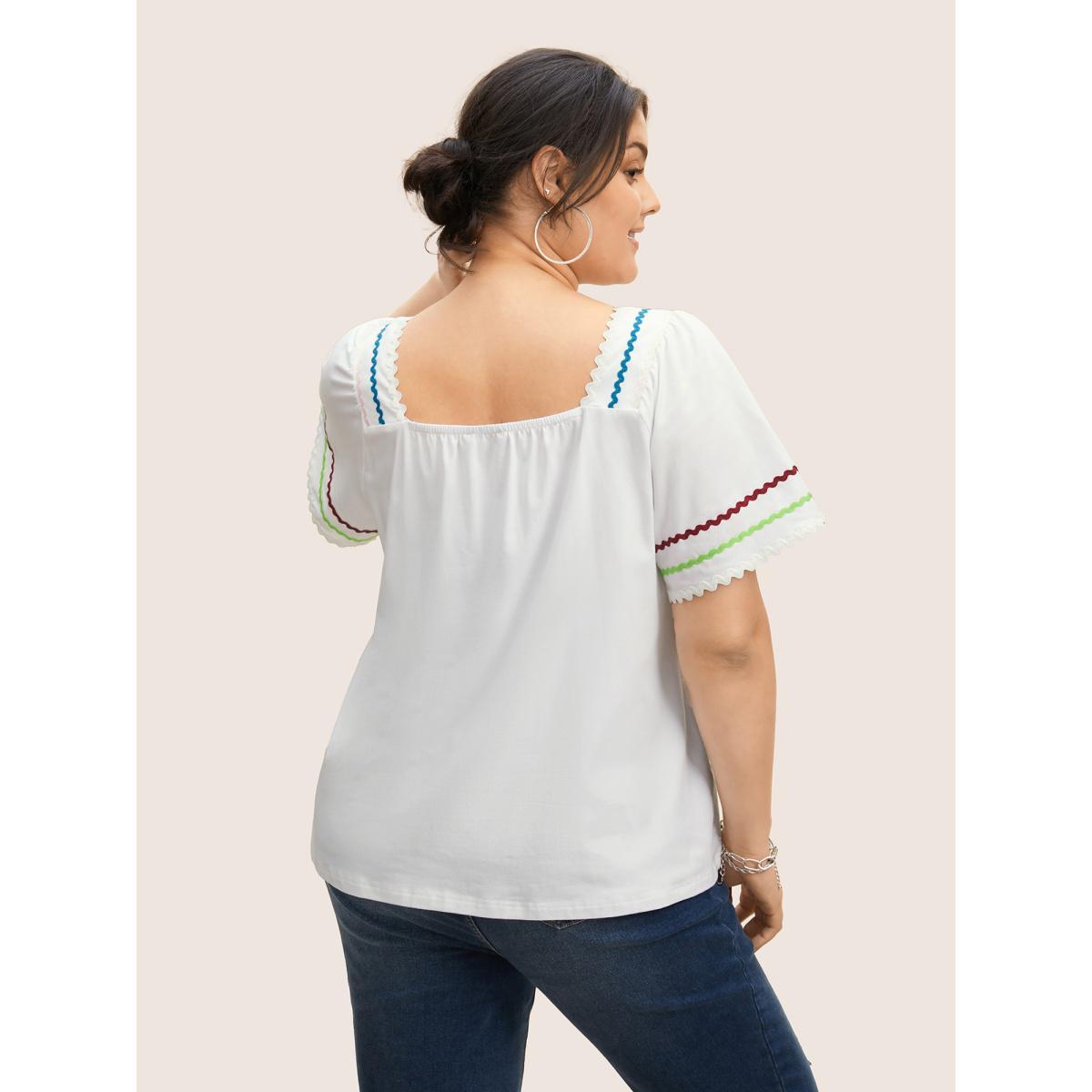 Plus Size Cotton Woven Ribbon Contrast Ruffle Sleeve T-shirt Originalwhite Women Casual Woven ribbon&lace trim Square Neck Everyday T-shirts BloomChic 10/M Product Image