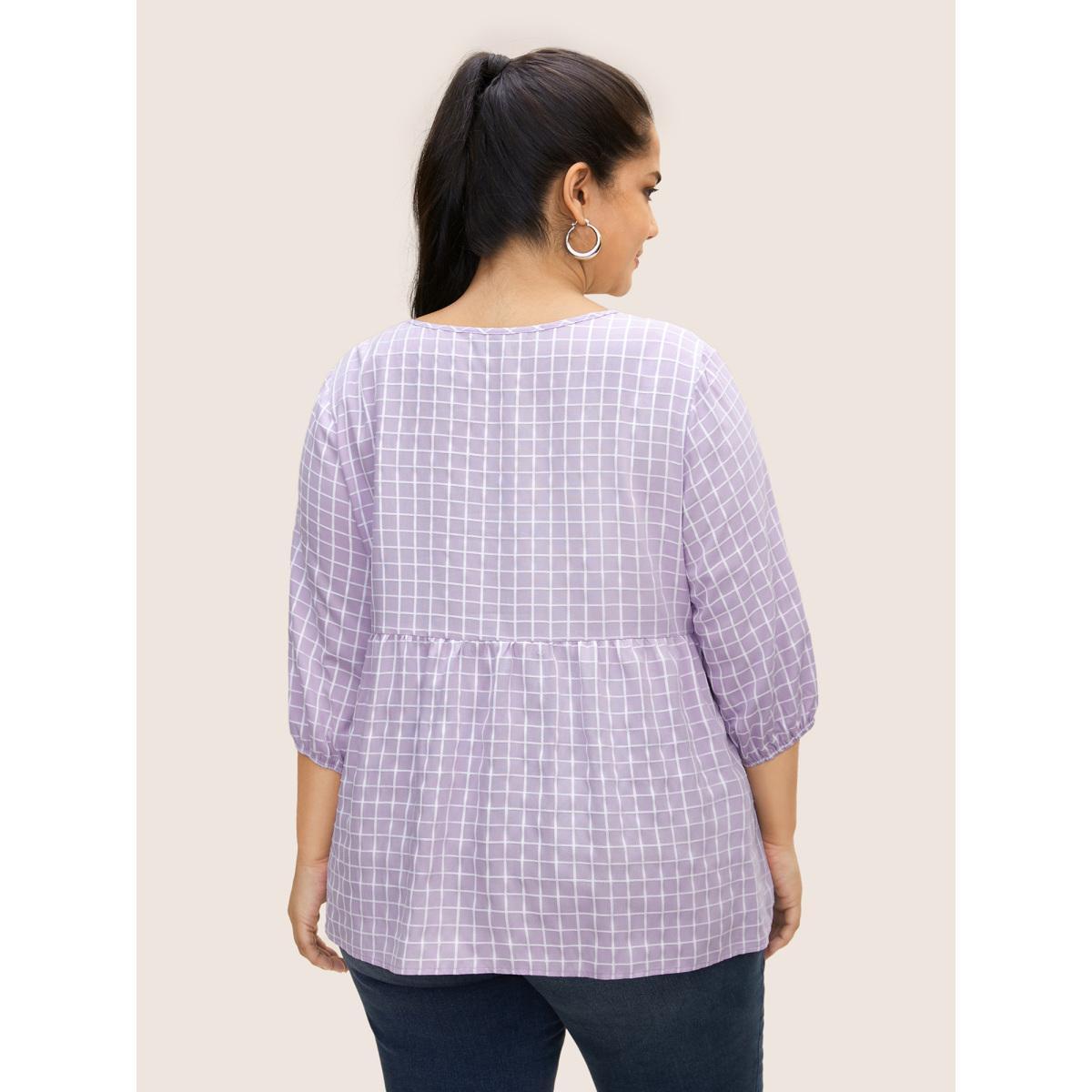 Plus Size Lavender Gingham Patchwork Lantern Sleeve Blouse Women Casual Elbow-length sleeve V-neck Everyday Blouses BloomChic 18-20/2X Product Image
