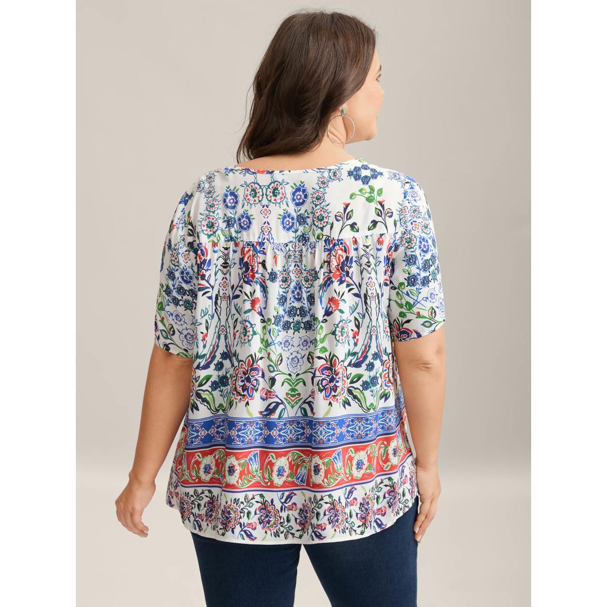 Plus Size Multicolor Rayon Floral Boho Print Lace Trim Blouse Women Short sleeve V-neck Everyday-Elegant Blouses BloomChic 22-24/3X Product Image