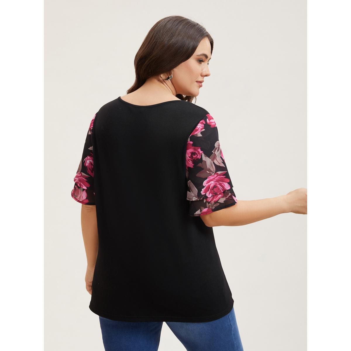 Plus Size Stretchy Floral Lotus Sleeve V-Neck T-Shirt Black Women Casual Contrast Round Neck Everyday T-shirts BloomChic 28/5X Product Image