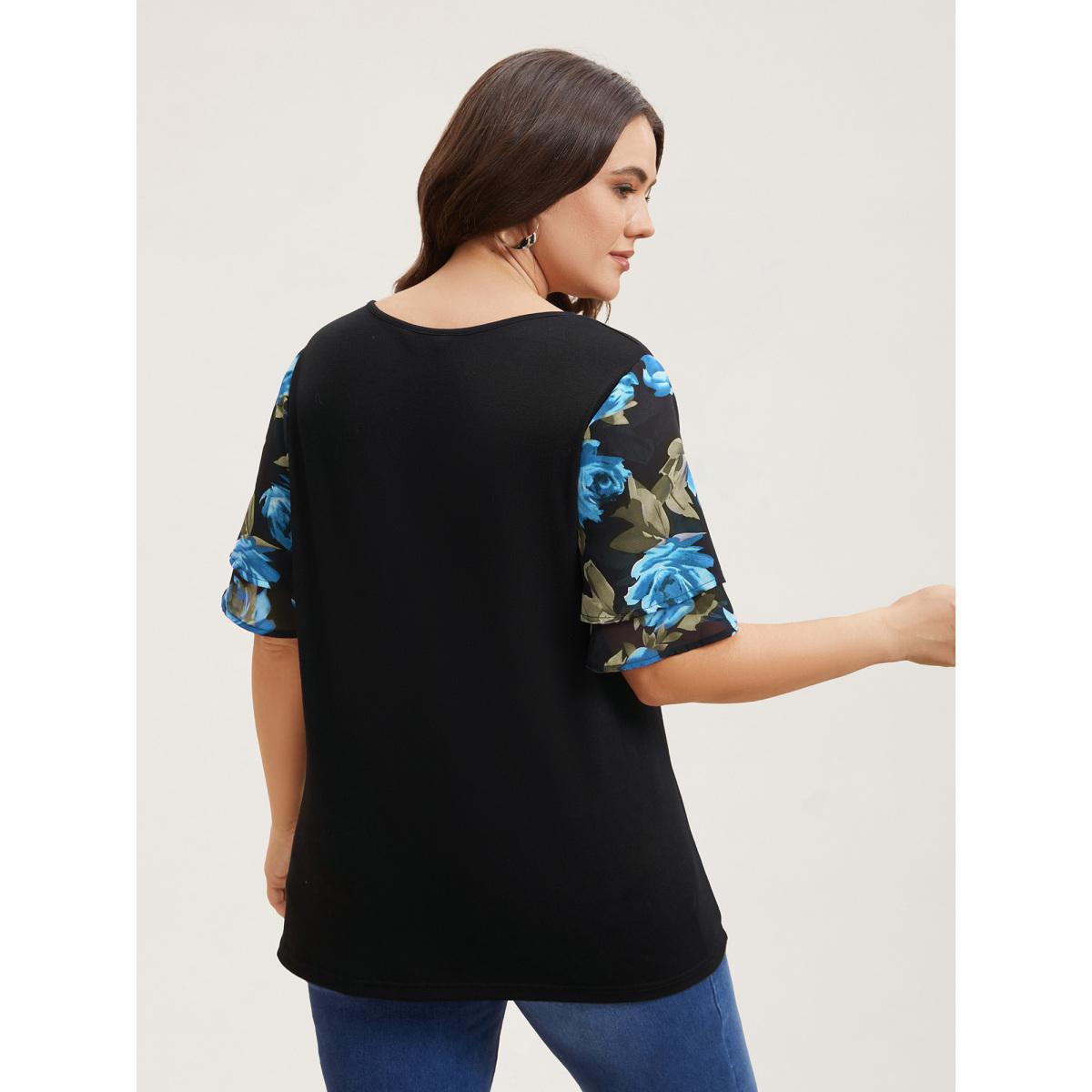 Plus Size Stretchy Floral Lotus Sleeve V-Neck T-Shirt BlackFlower Women Casual Contrast Round Neck Everyday T-shirts BloomChic 14-16/1X Product Image
