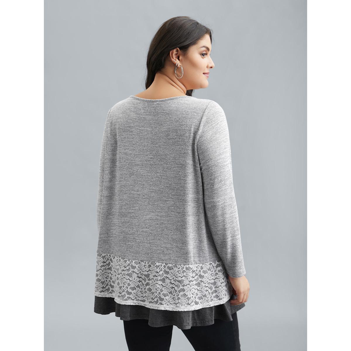 Plus Size Lace Overlap Hem Round Neck T-Shirt LightGray Women Casual Overlapping Round Neck Everyday T-shirts BloomChic 22-24/3X Product Image