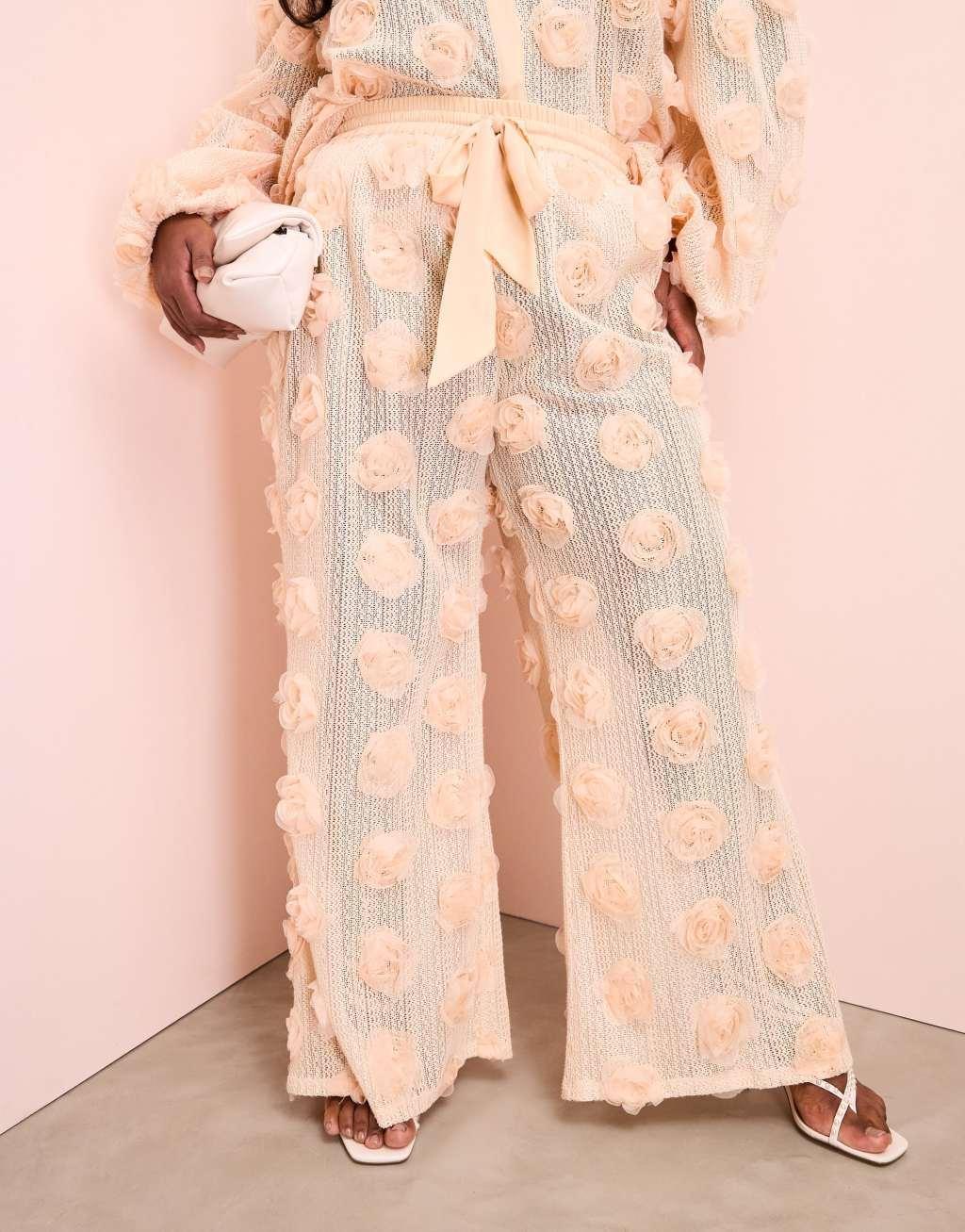 ASOS LUXE Curve 3D floral crochet beach pants in cream Product Image