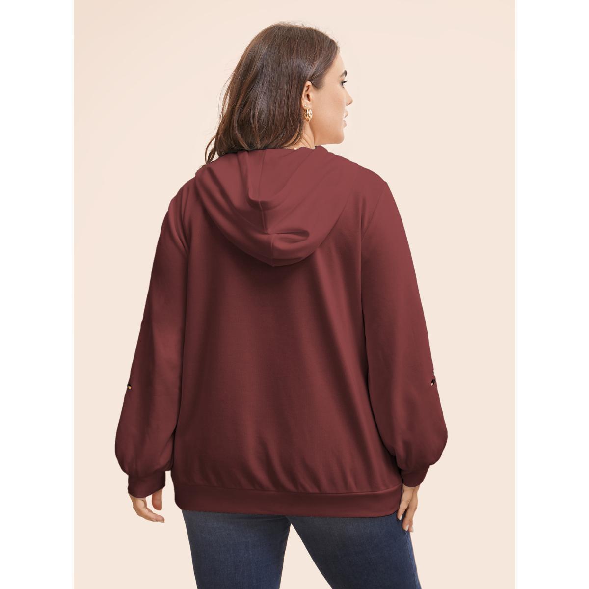 Plus Size Floral Embroidered Hooded Drawstring Sweatshirt Women Burgundy Elegant Embroidered Hooded Everyday Sweatshirts BloomChic 22-24/3X Product Image