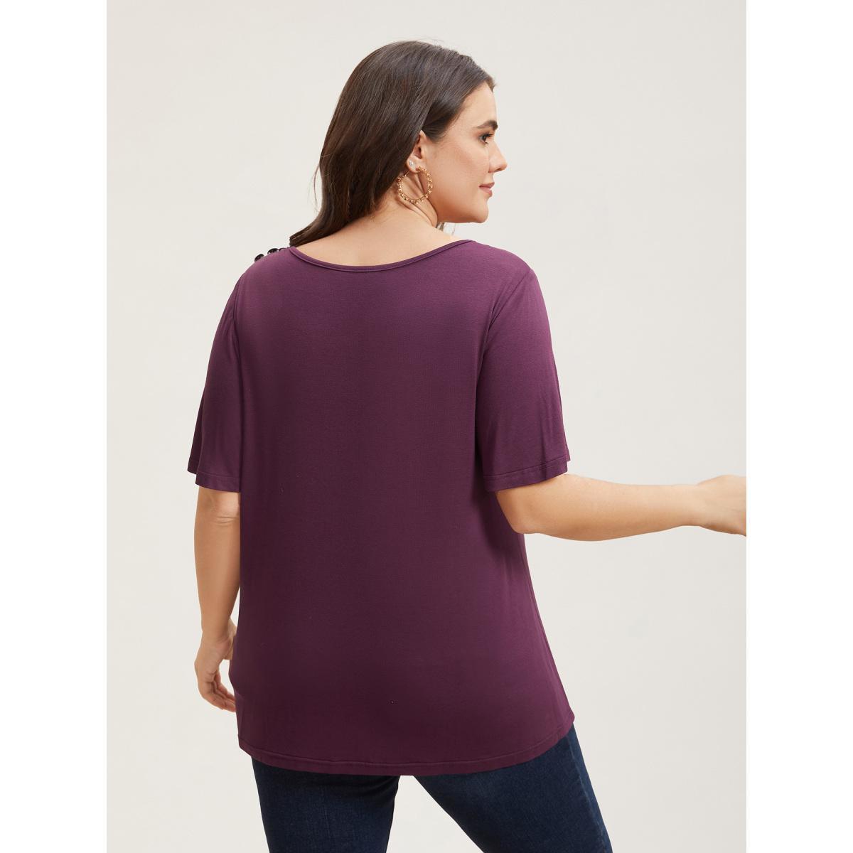 Plus Size Supersoft Asymmetrical Neckline Flutter Sleeve T-Shirt Plum Women Casual Pleated Asymmetrical Neck Everyday T-shirts BloomChic 28/5X Product Image