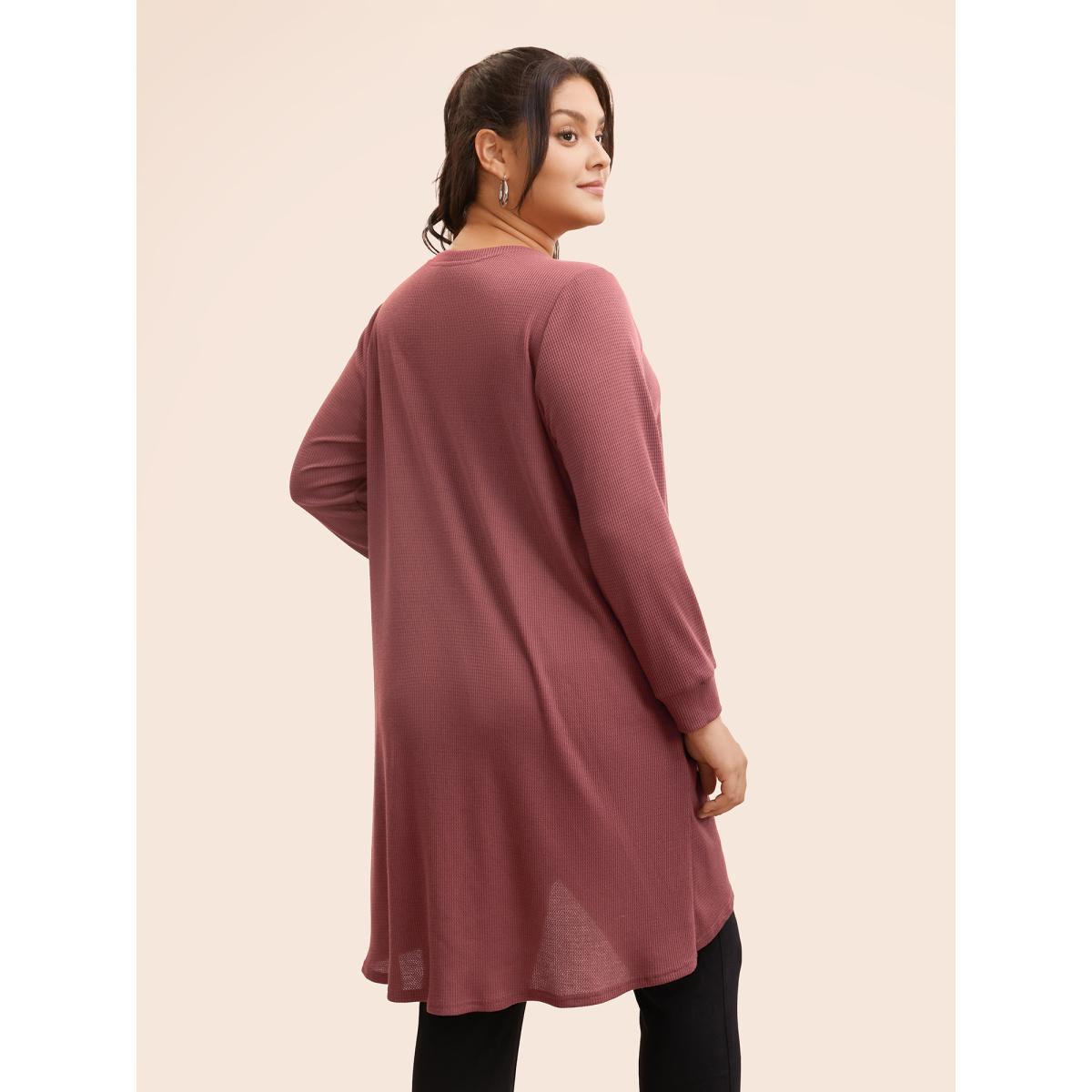 Plus Size Solid Waffle Knit Overlap Hem T-shirt DustyPink Women Casual Overlapping Round Neck Everyday T-shirts BloomChic 22-24/3X Product Image