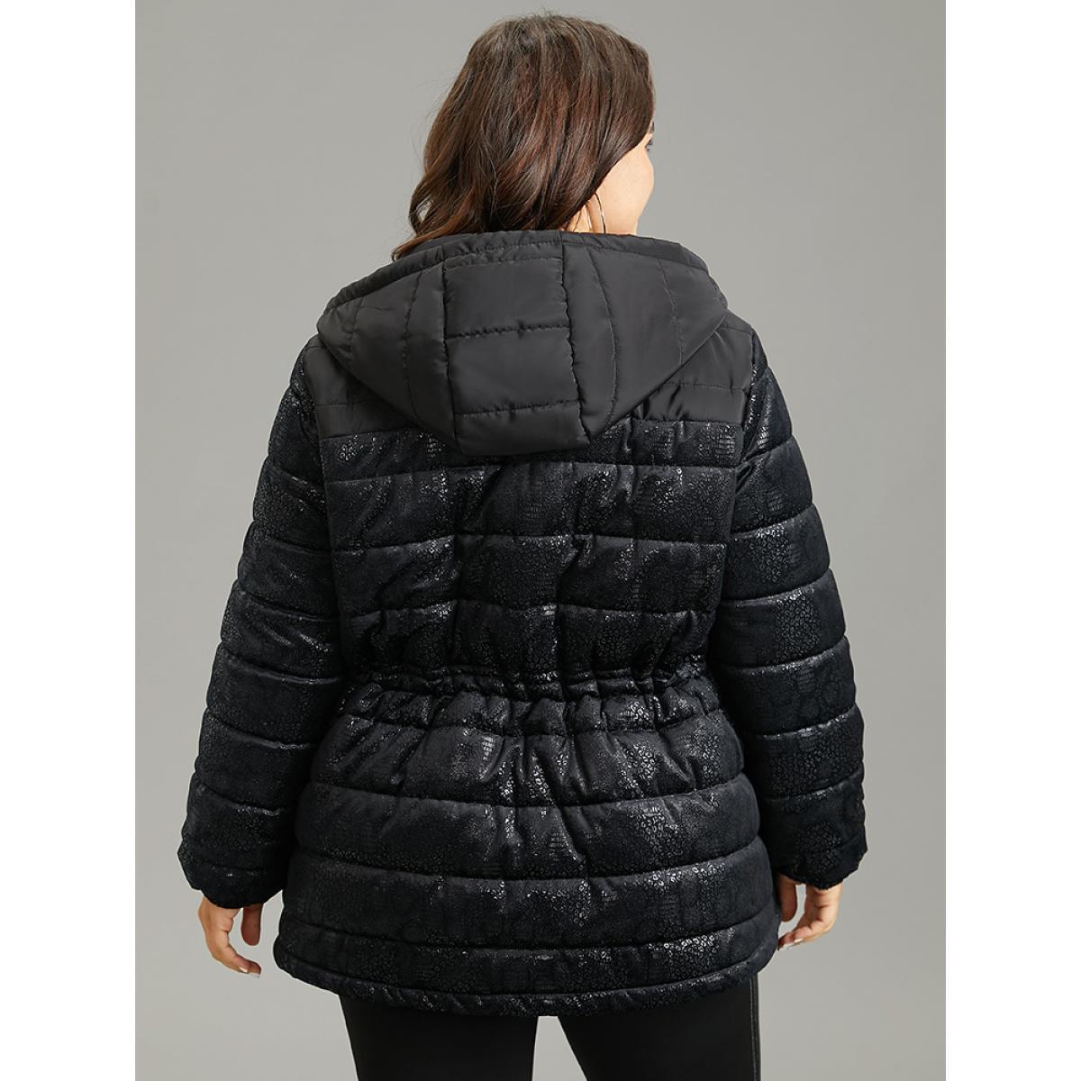 Plus Size Patchwork Drawstring Button Up Glitter Padded Jacket Women Black Lined Pocket Dailywear Jackets BloomChic 28/5X Product Image
