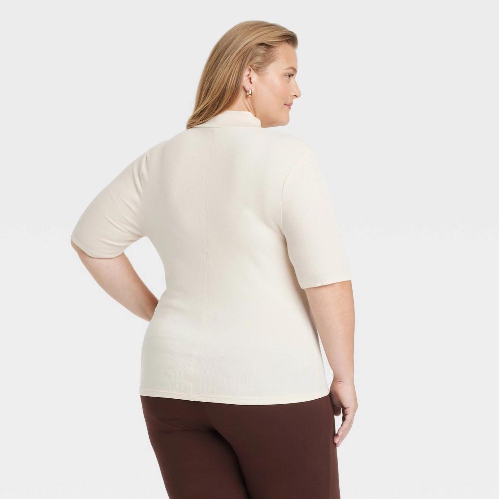 Women's Ribbed Short Sleeve Mock Turtleneck T-Shirt - A New Day™ Cream XXL Product Image