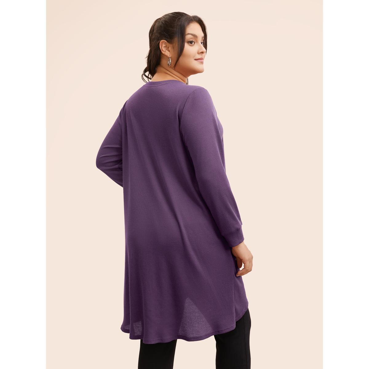 Plus Size Solid Waffle Knit Overlap Hem T-shirt Eggplant Women Casual Overlapping Round Neck Everyday T-shirts BloomChic 30/6X Product Image
