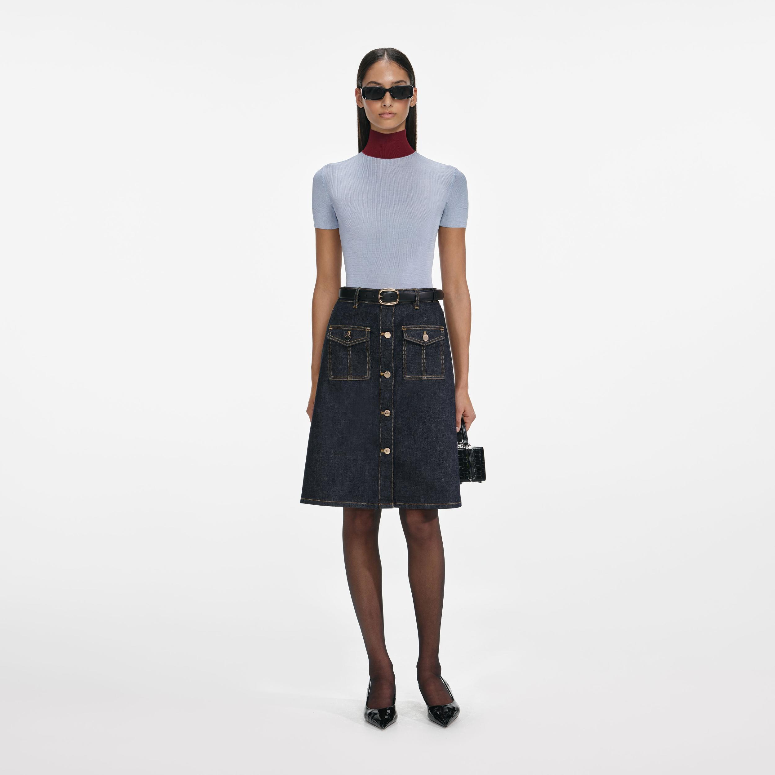 Indigo Denim Belted Midi Skirt Product Image