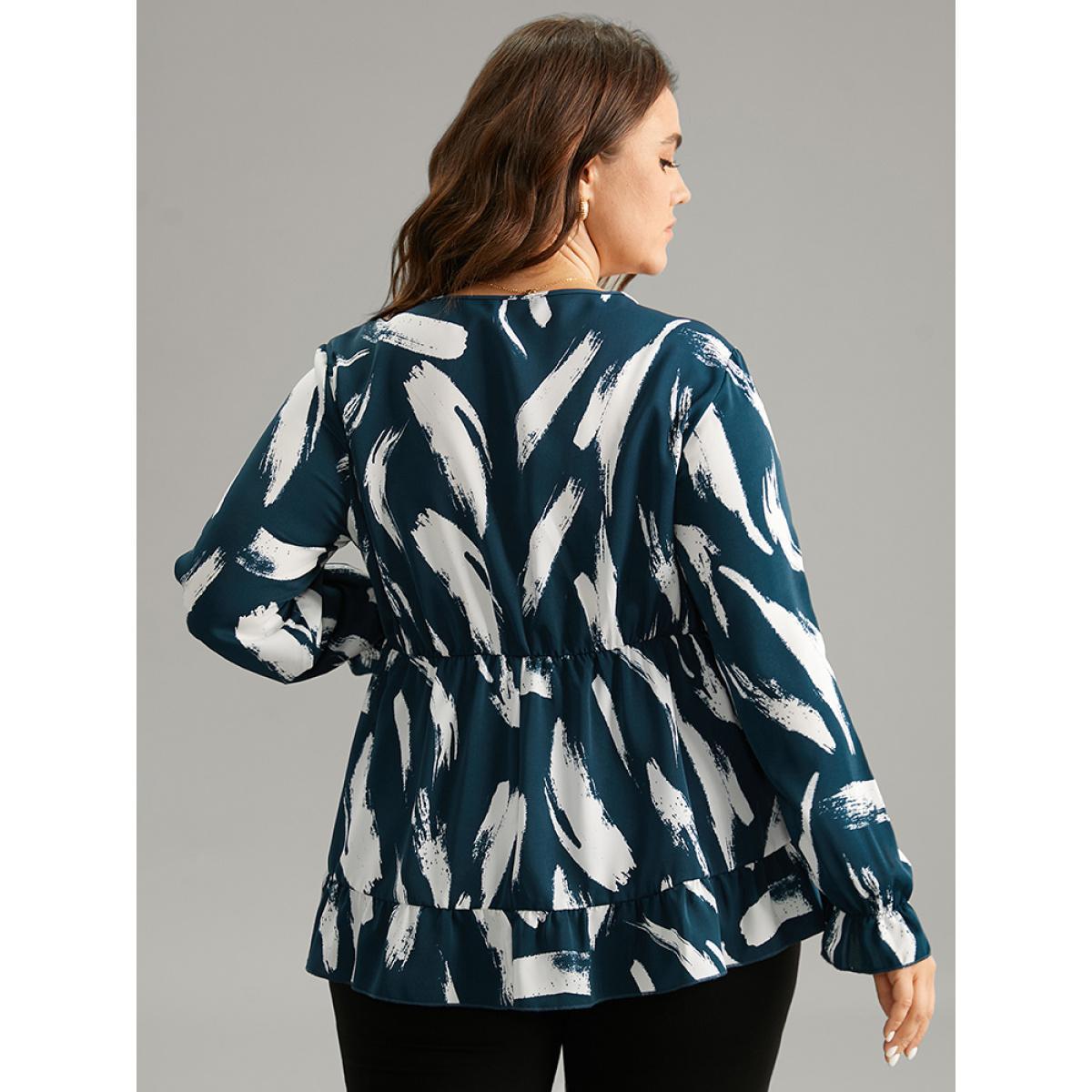 Plus Size Cyan Brush Print Elastic Waist V Neck Ruffles Blouse Women Office Long Sleeve V-neck Work Blouses BloomChic 18-20/2X Product Image
