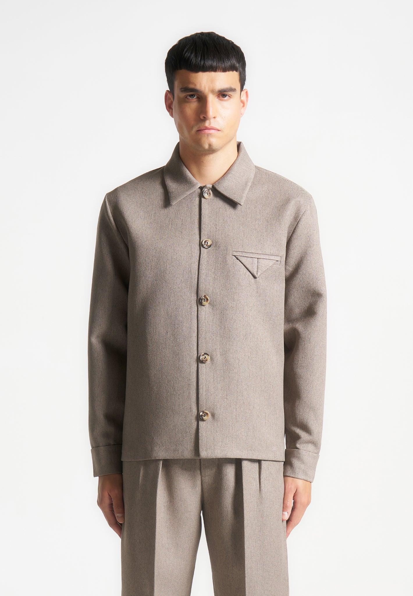 Textured Tailored Long Sleeve Overshirt - Taupe Male Product Image