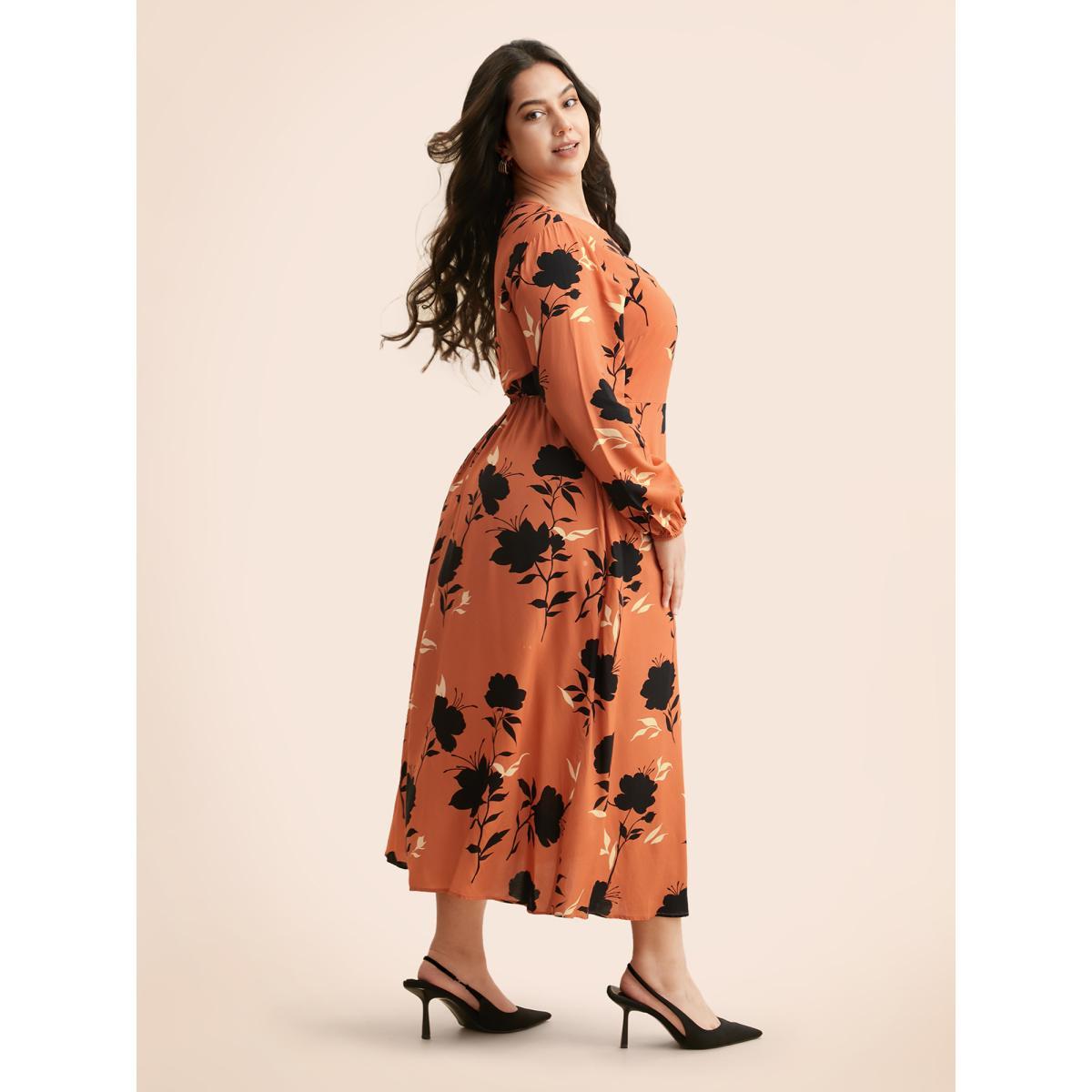 Plus Size Silhouette Floral Print Lantern Sleeve Slit Hem Dress Coral Women Elegant Slit Round Neck Long Sleeve Curvy BloomChic 14-16/1X Product Image