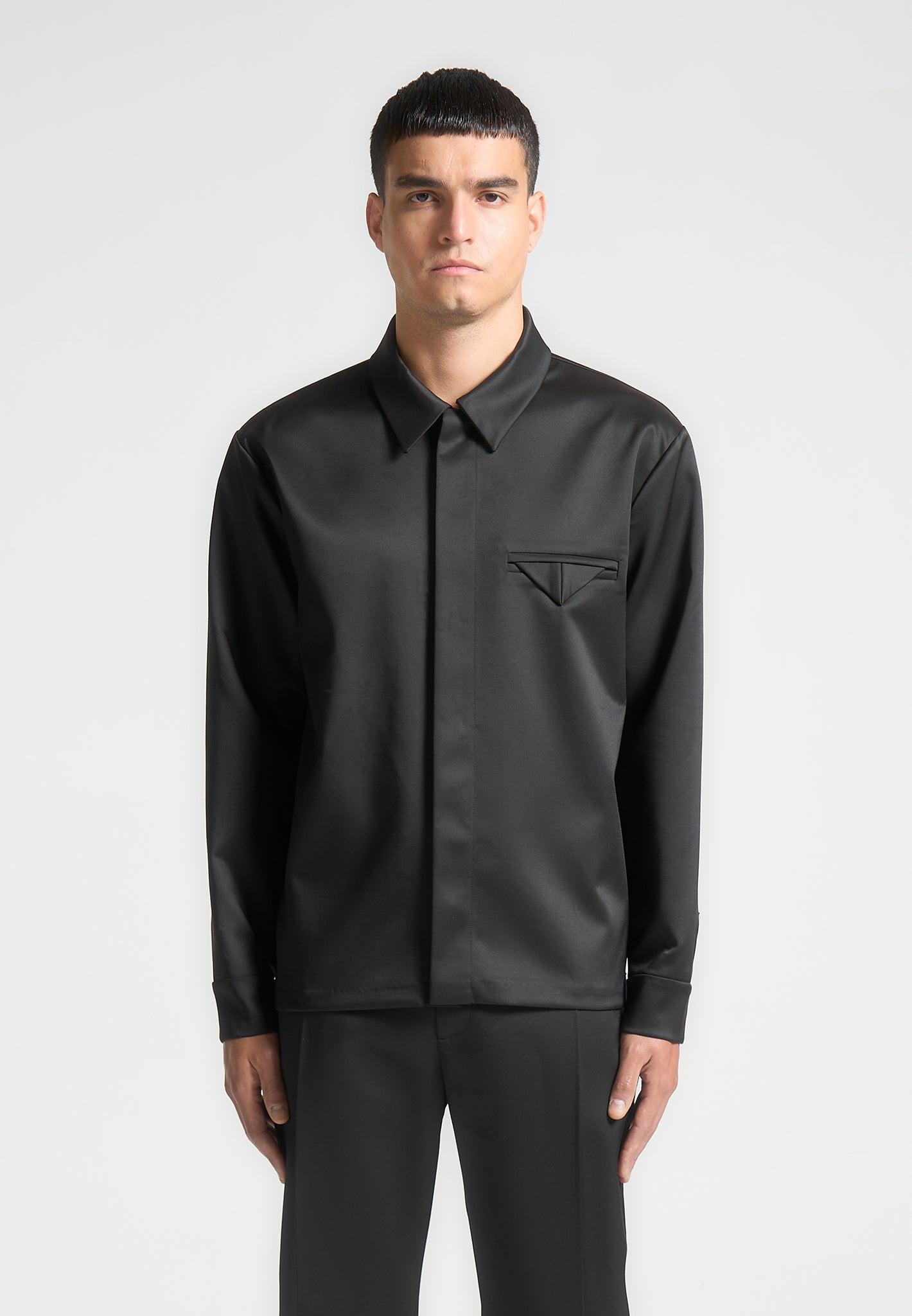 Satin Tailored Shirt with Triangle Pocket - Black Male Product Image