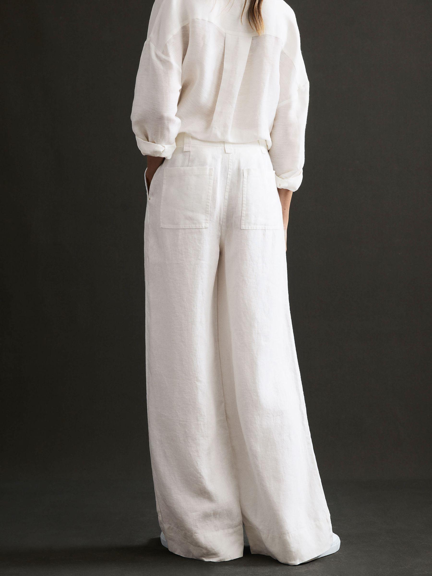 Linen Wide Leg Garment Dyed Trousers in White Product Image