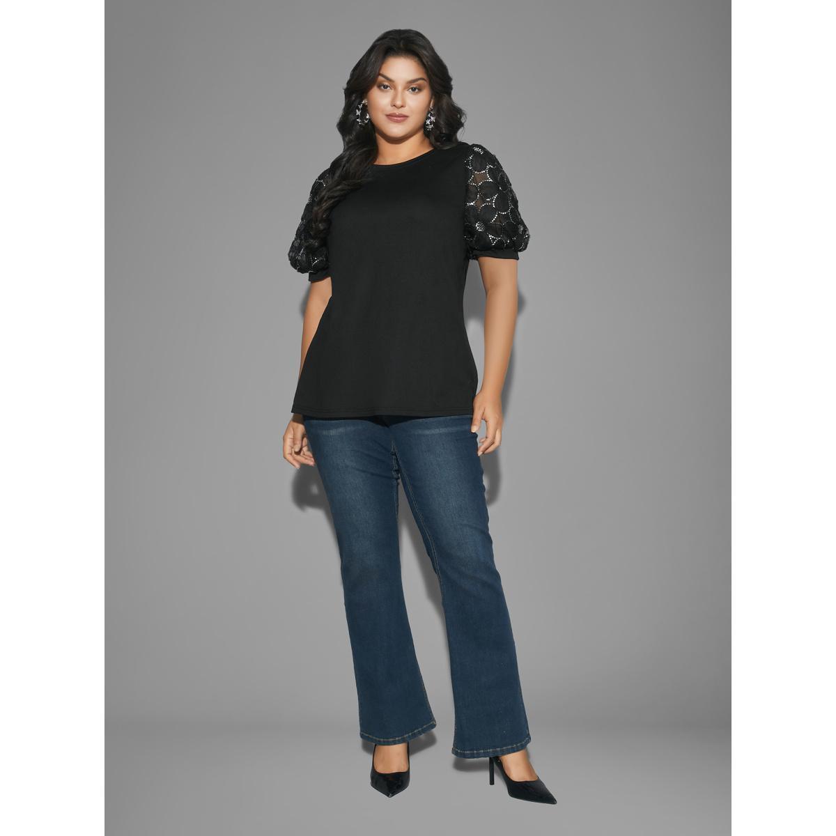 Plus Size Floral Sequin Mesh Round Neck T-shirt Black Women Elegant See through Round Neck Everyday T-shirts BloomChic 14-16/1X Product Image