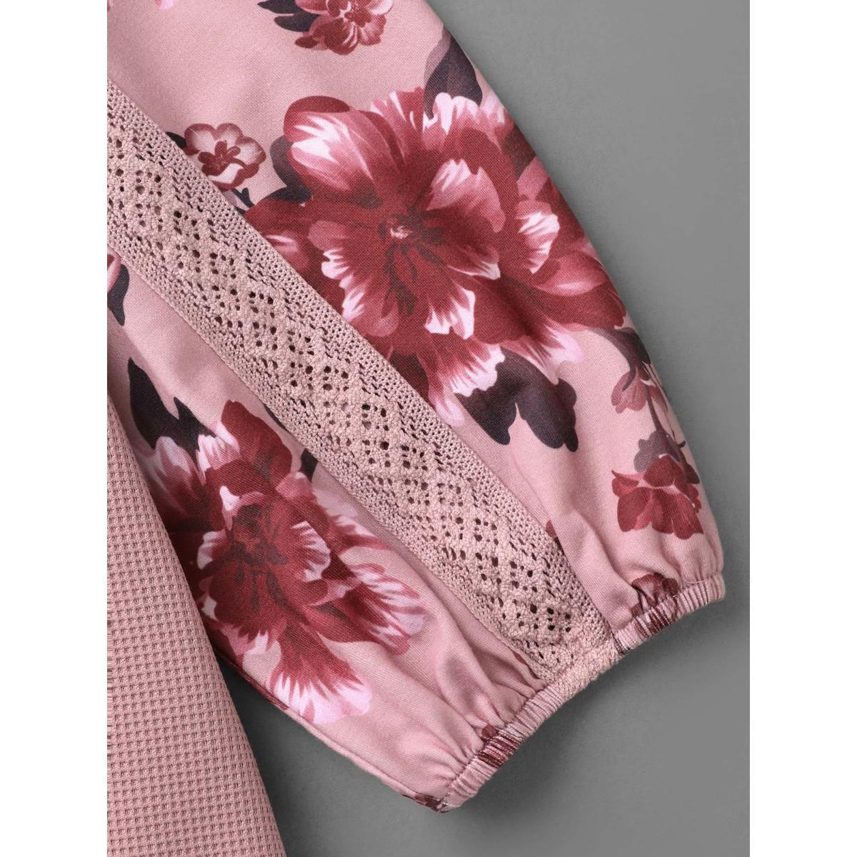 Plus Size Round Neck Floral Patchwork Woven Ribbon Sweatshirt Women Multicolor Elegant Woven ribbon&lace trim Round Neck Everyday Sweatshirts BloomChic 12/L Product Image