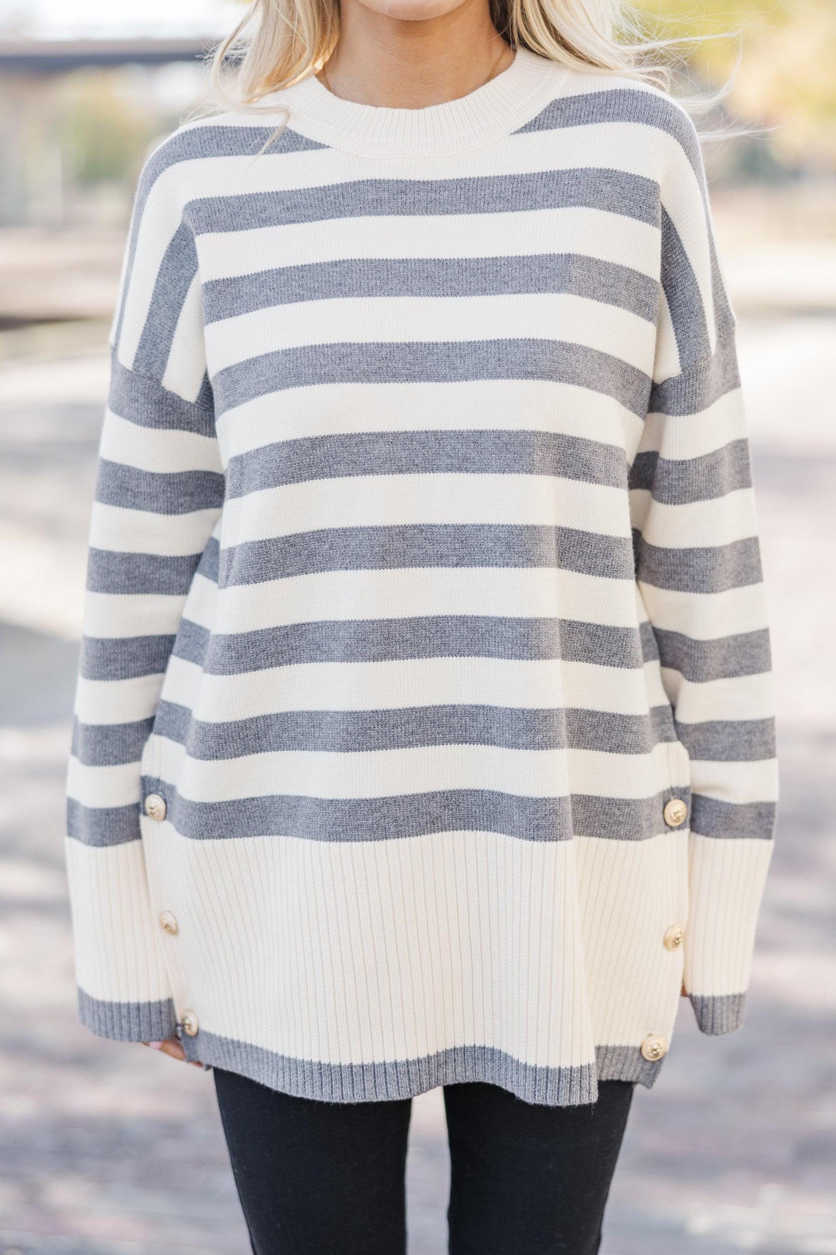 On The Way Up Heather Grey Striped Sweater Female Product Image