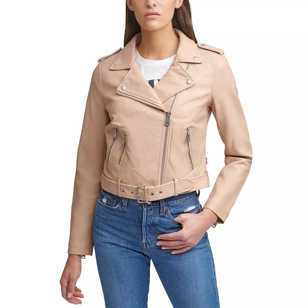 Womens Levis Belted Faux Leather Motorcycle Jacket Ivory Product Image