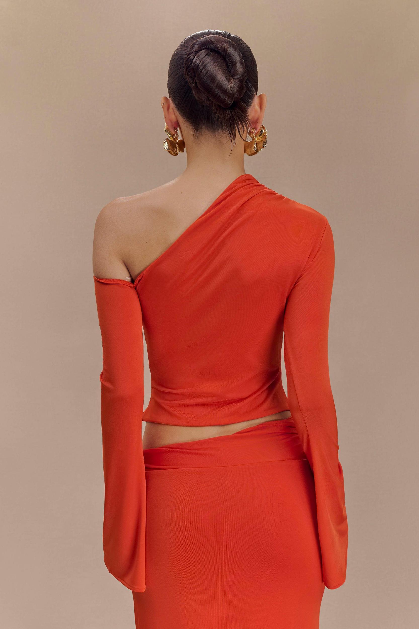 Ainsley Asymmetrical Long Sleeve Top With Floral Hardware - Burnt Orange Product Image