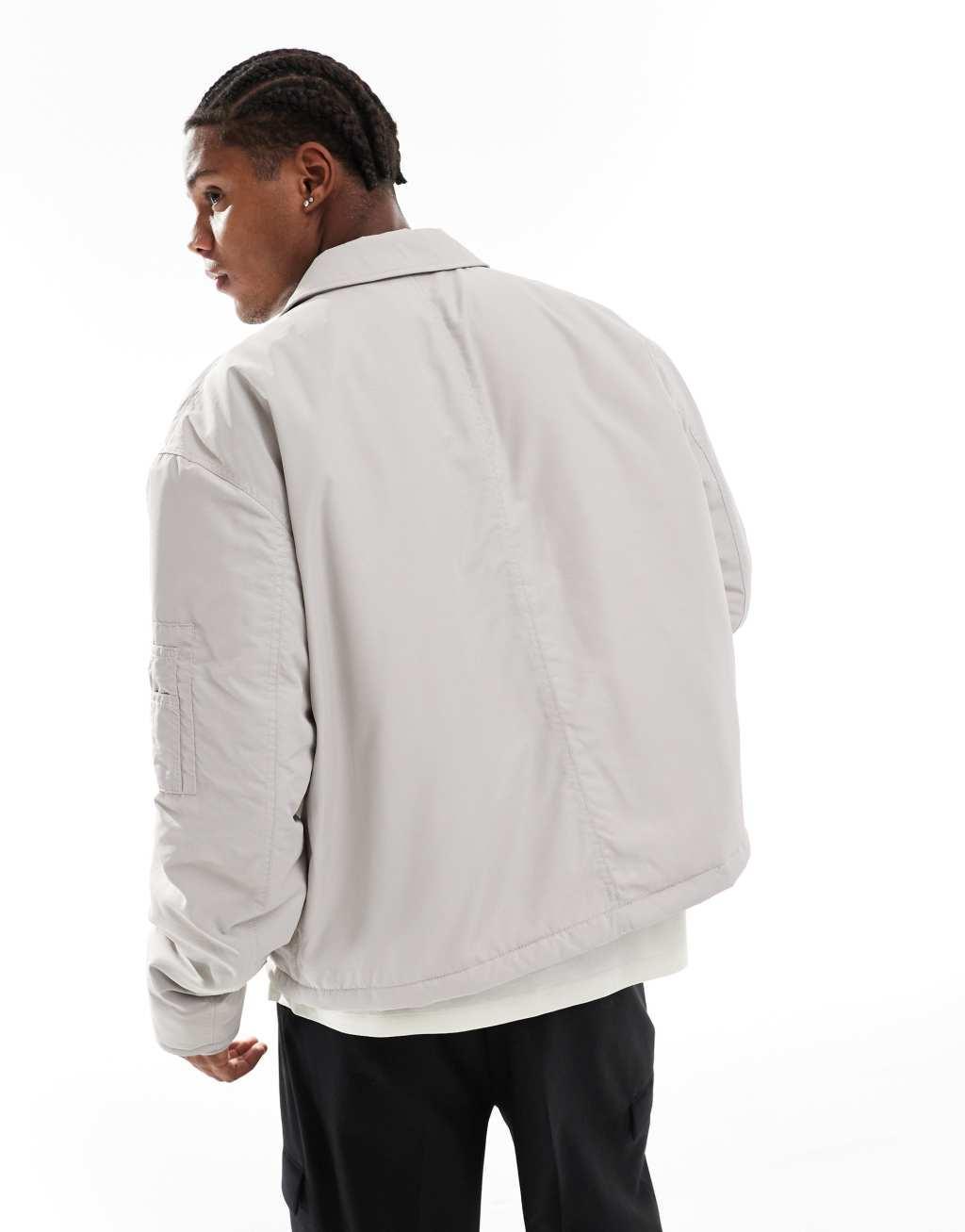 ASOS DESIGN oversized harrington jacket with MA1 pocket in light gray Product Image