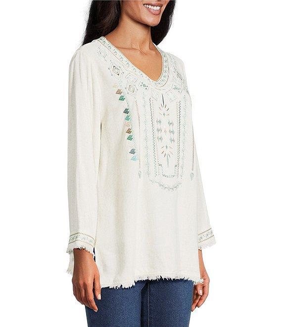 Multiples Petite Size Embroidered Textured V-Neck 3/4 Sleeve Fringe Edge Top Product Image