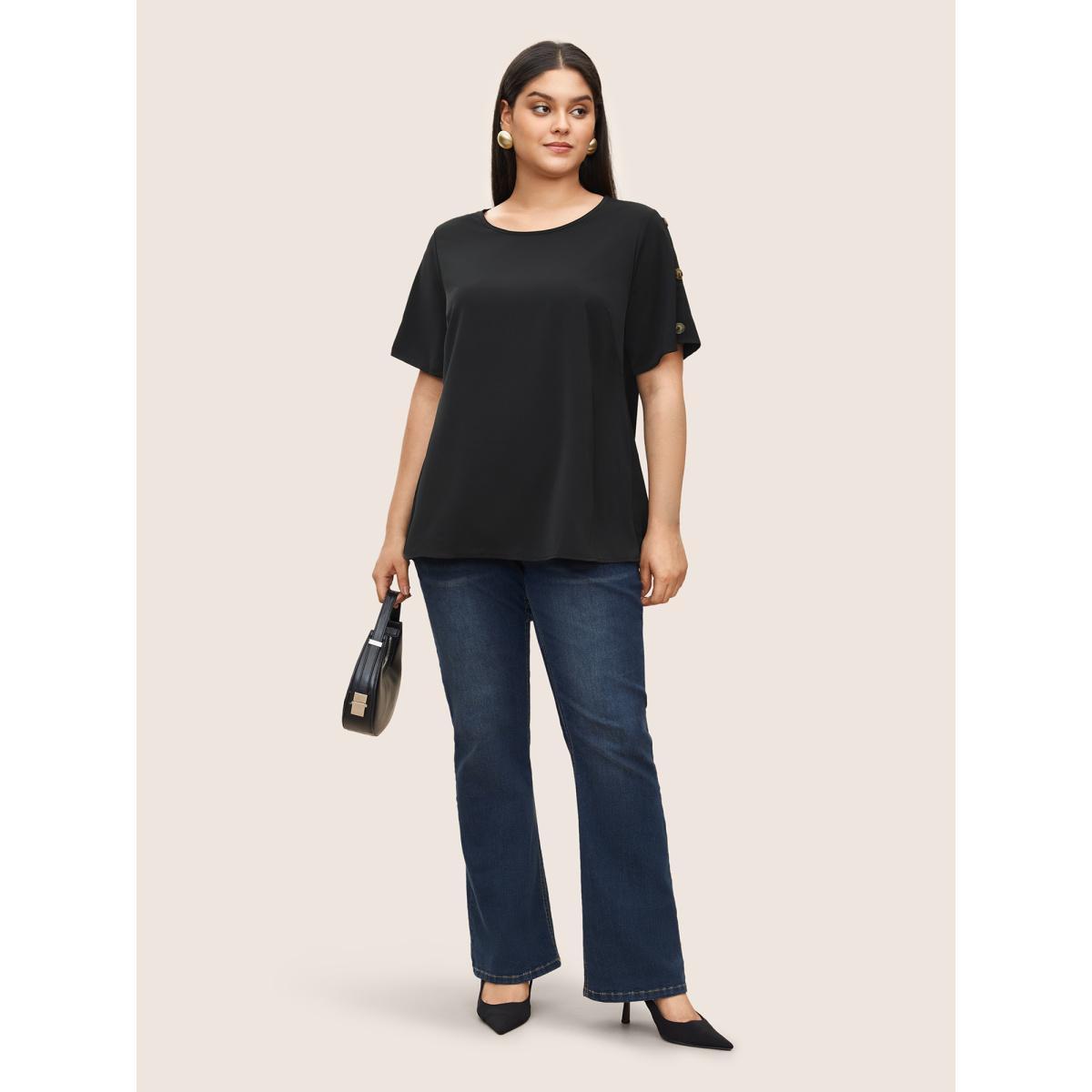 Plus Size Black Plain Round Neck Button Detail Blouse Women Casual Short sleeve Round Neck Everyday Blouses BloomChic 22-24/3X Product Image