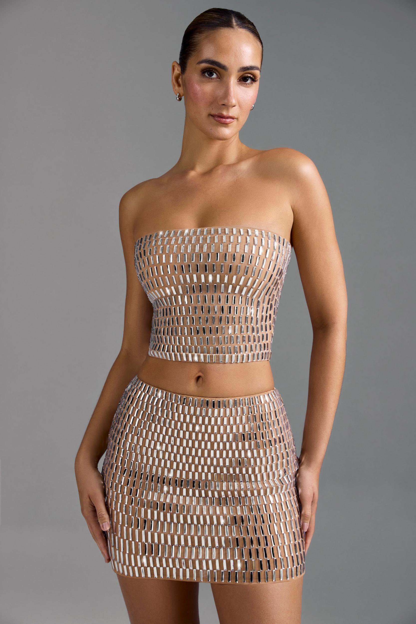 Embellished Low-Rise Micro Mini Skirt in Almond Product Image