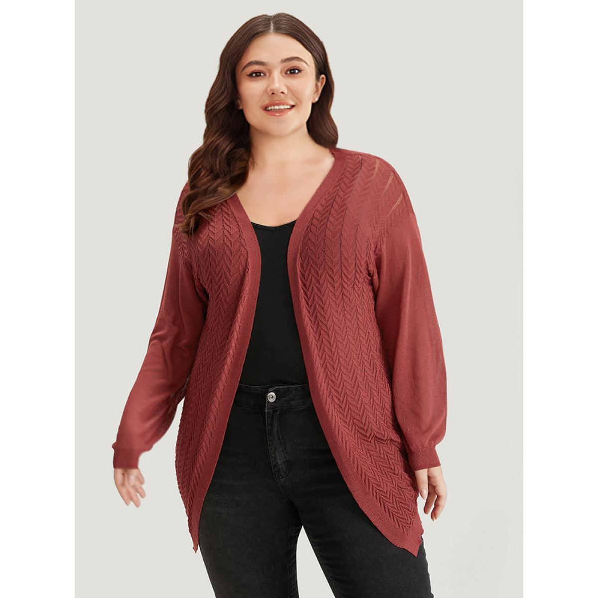 Plus Size Geometric Plisse Patchwork Loose Open Front Cardigan Russet Women Casual Loose Long Sleeve Everyday Cardigans BloomChic 10/M Product Image