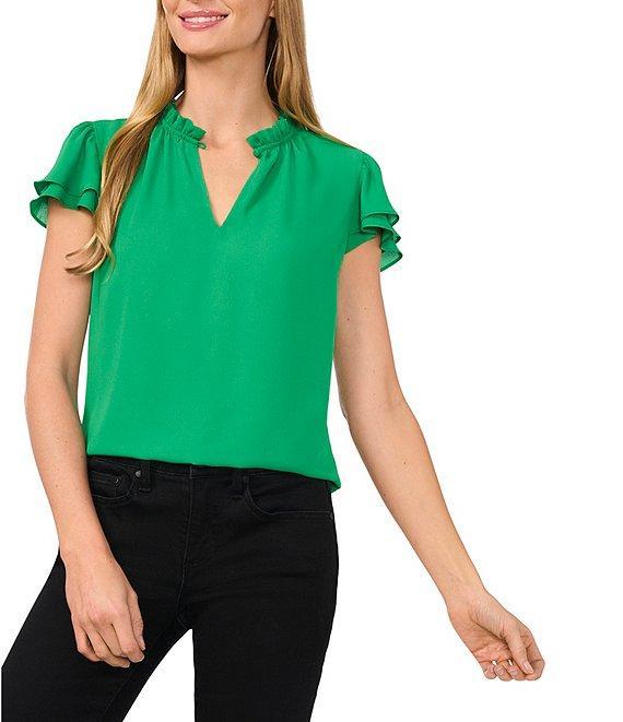 CeCe Woven Split Round Neck Flutter Sleeve Blouse Product Image